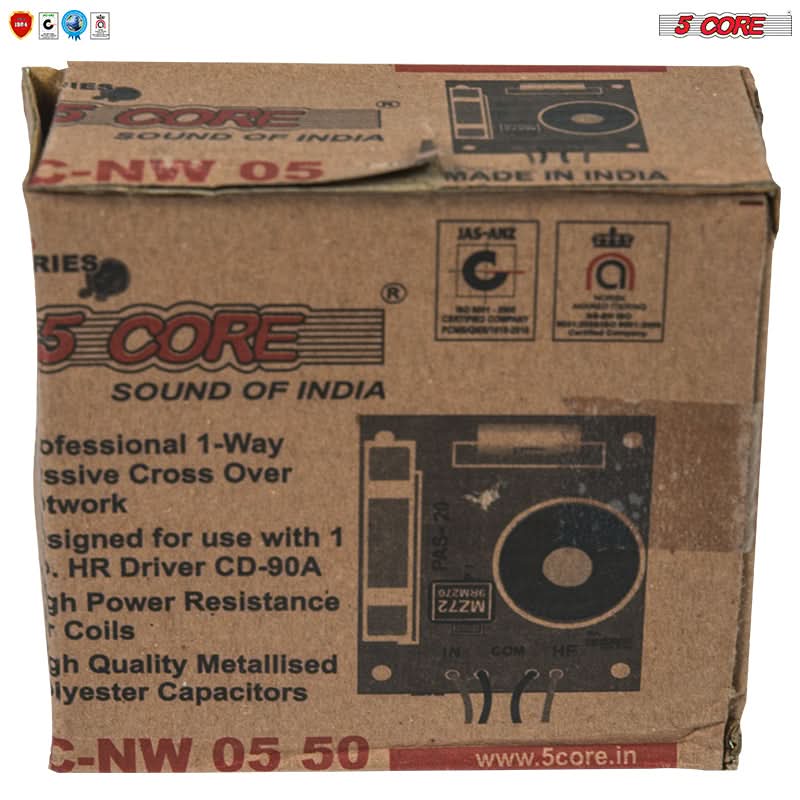 The corrected text from the image is:

"5 CORE SOUND OF INDIA C-NW 05 ET MADE IN INDIA RIES R 5 CORE SOUND OF INDIA JAS-ANZ C a ofessional 1-Way ssive Cross Over twork signed for use with 1 HR Driver CD-90A gh Power Resistance Coils gh Quality Metallised lyester Capacitors C-NW 05 50 20 PAS- 9RM270 MZ72 IN COM HE www.5core.in"

Corrected version:

"5 CORE SOUND OF INDIA C-NW 05 ET MADE IN INDIA RIES R 5 CORE SOUND OF INDIA JAS-ANZ C a Professional 1-Way Active Cross Over Network designed for use with 1 HR Driver CD-90A High Power Resistance Coils High Quality Metallised Polyester Capacitors C-NW 05 50 20 PAS-9RM270 MZ72 IN COM HE www.5core.in"