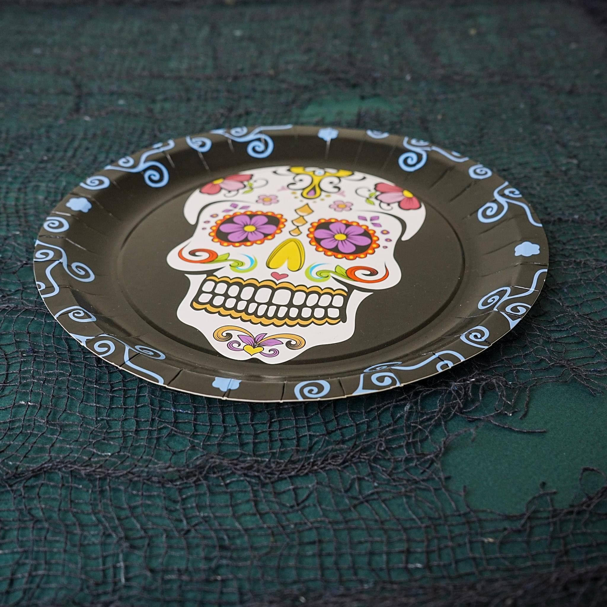 Alt View 2. Forum Novelties - Day Of The Dead 9" Round Disposable Plate 8 Pack - Black.