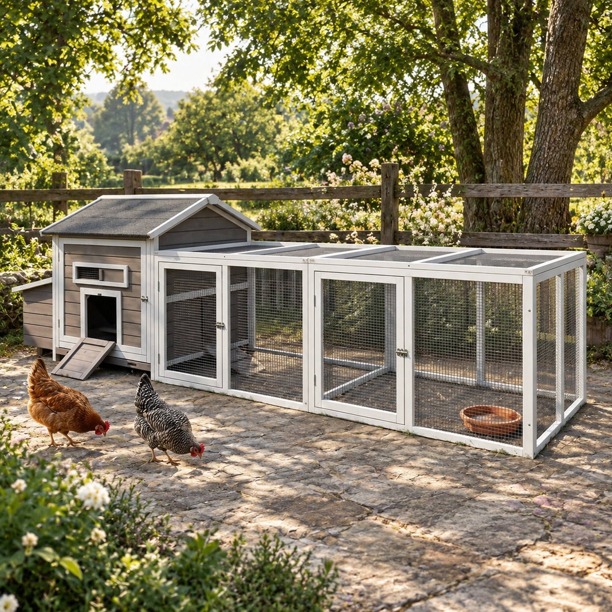 Angle. RYHNUYNE - 114 in Wooden Chicken Coop, Outdoor Run, Nesting Box, Lockable Doors, Ramp, 19.6 sq ft.