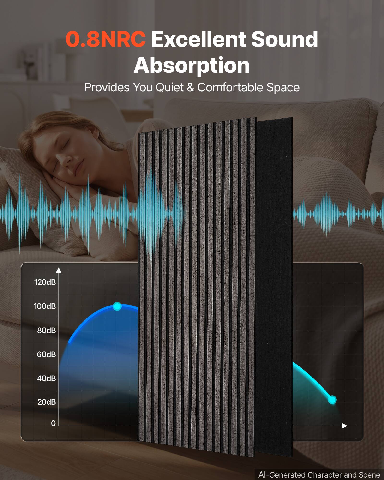 0.8NRC Excellent Sound Absorption  
Provides You Quiet & Comfortable Space

120dB  
100dB  
80dB  
60dB  
40dB  
20dB  
0

AI-Generated Character and Scene