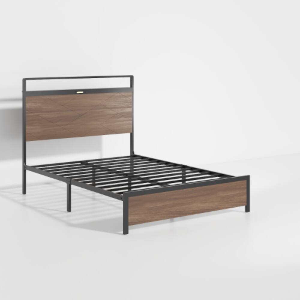 Alt View 2. LUCKY ONE - Full Size Wooden Platform Bed Frame with Storage LED Headboard, USB Charging, Metal Frame, No Box Spring Needed - Antique Grey.