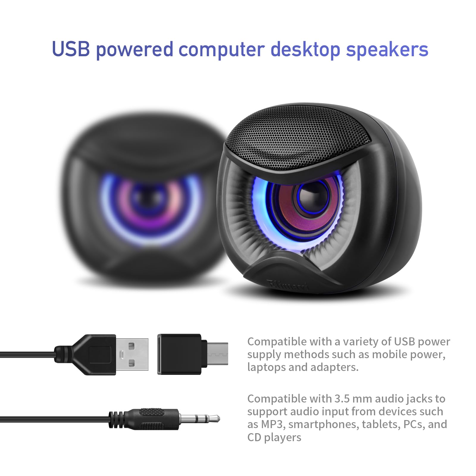 USB powered computer desktop speakers

Compatible with a variety of USB power supply methods such as mobile power, laptops, and adapters.

Compatible with 3.5 mm audio jacks to support audio input from devices such as MP3 players, smartphones, tablets, PCs, and CD players.