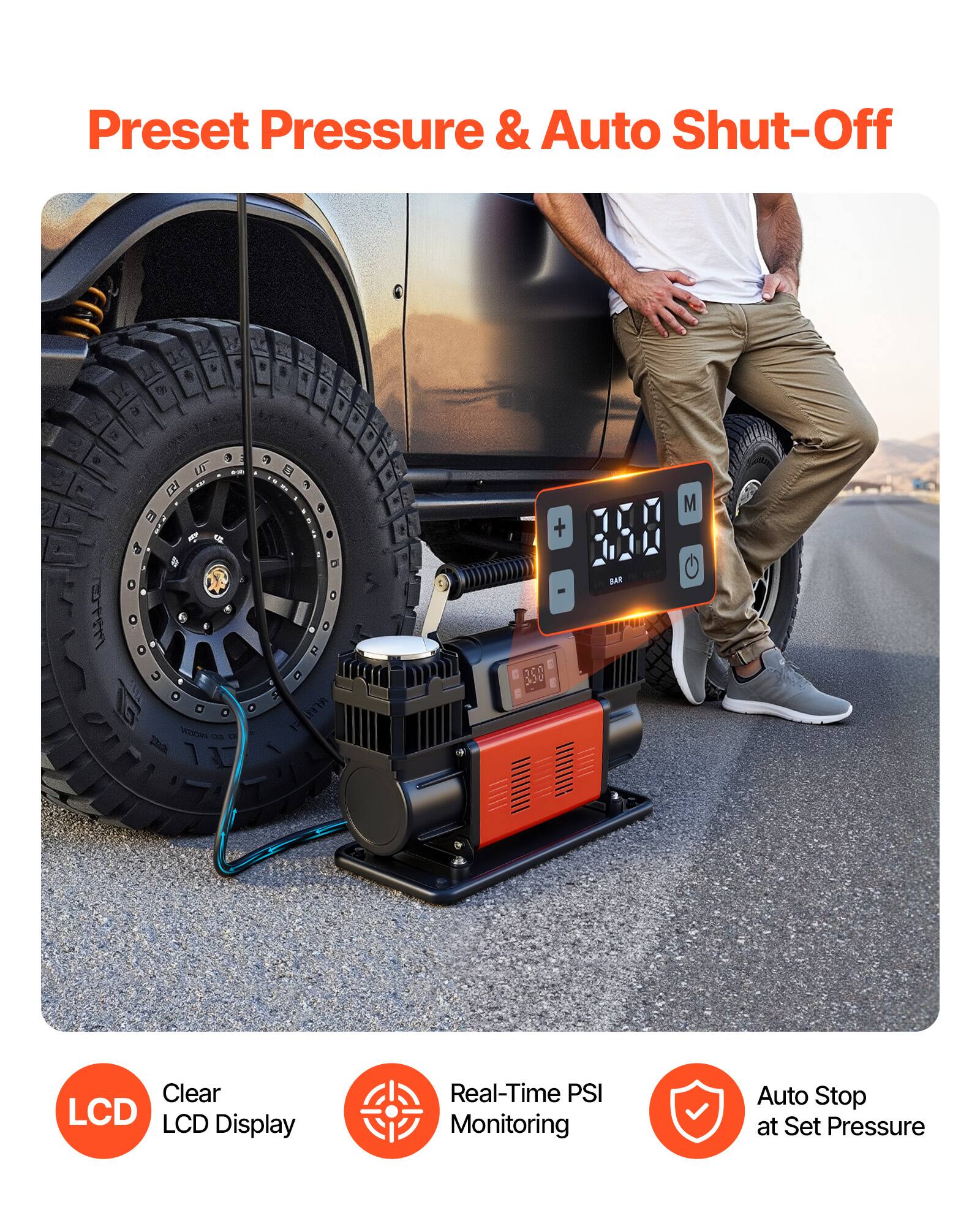 Preset Pressure & Auto Shut-Off

- Clear LCD Display
- Real-Time PSI Monitoring
- Auto Stop at Set Pressure