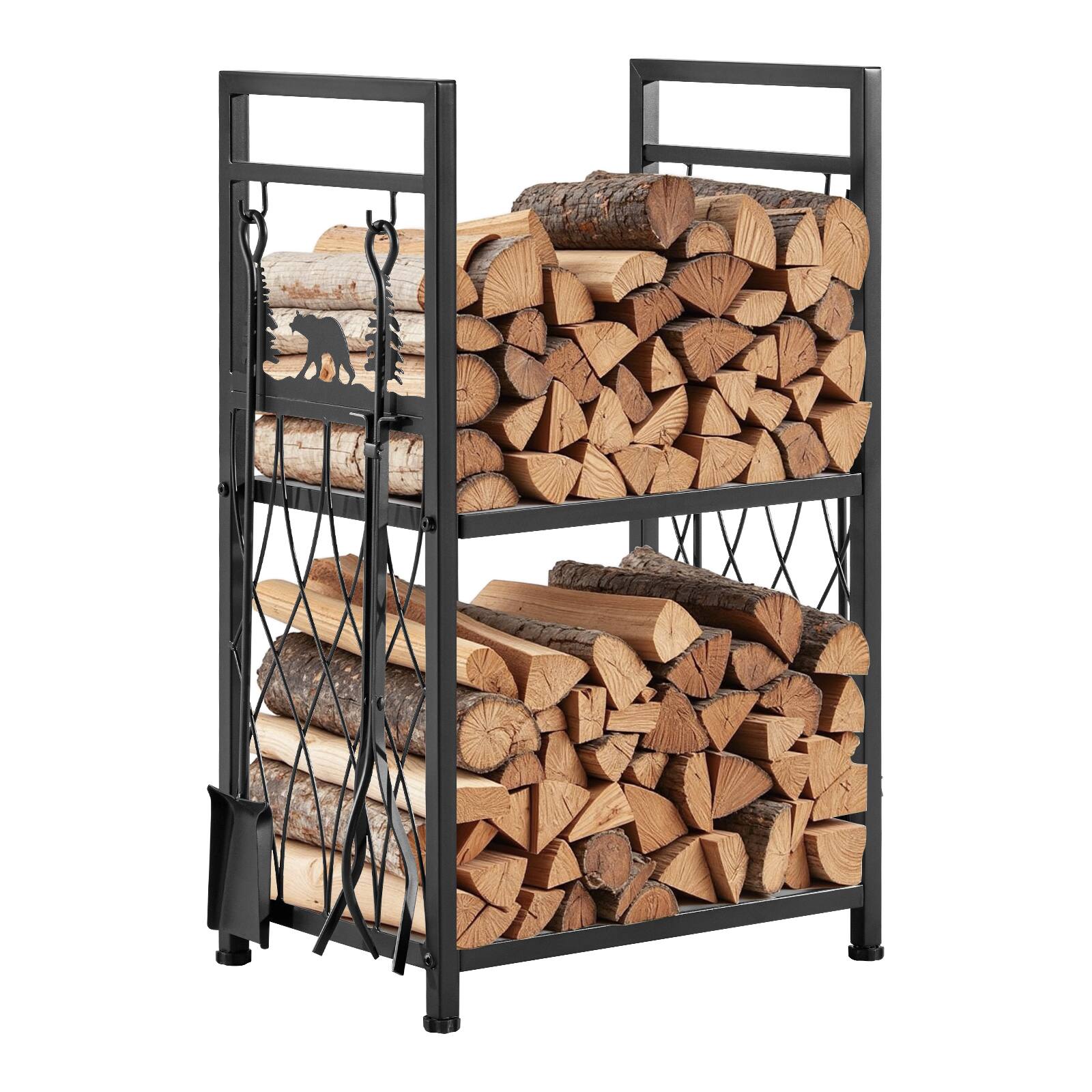 VEVOR - Indoor Firewood Rack, 1.3 ft 2-Tier Firewood Holder with Fireplace Tools, Brush, Shovel, Poker, Tongs - Black