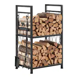 VEVOR - Indoor Firewood Rack, 1.3 ft 2-Tier Firewood Holder with Fireplace Tools, Brush, Shovel, Poker, Tongs - Black