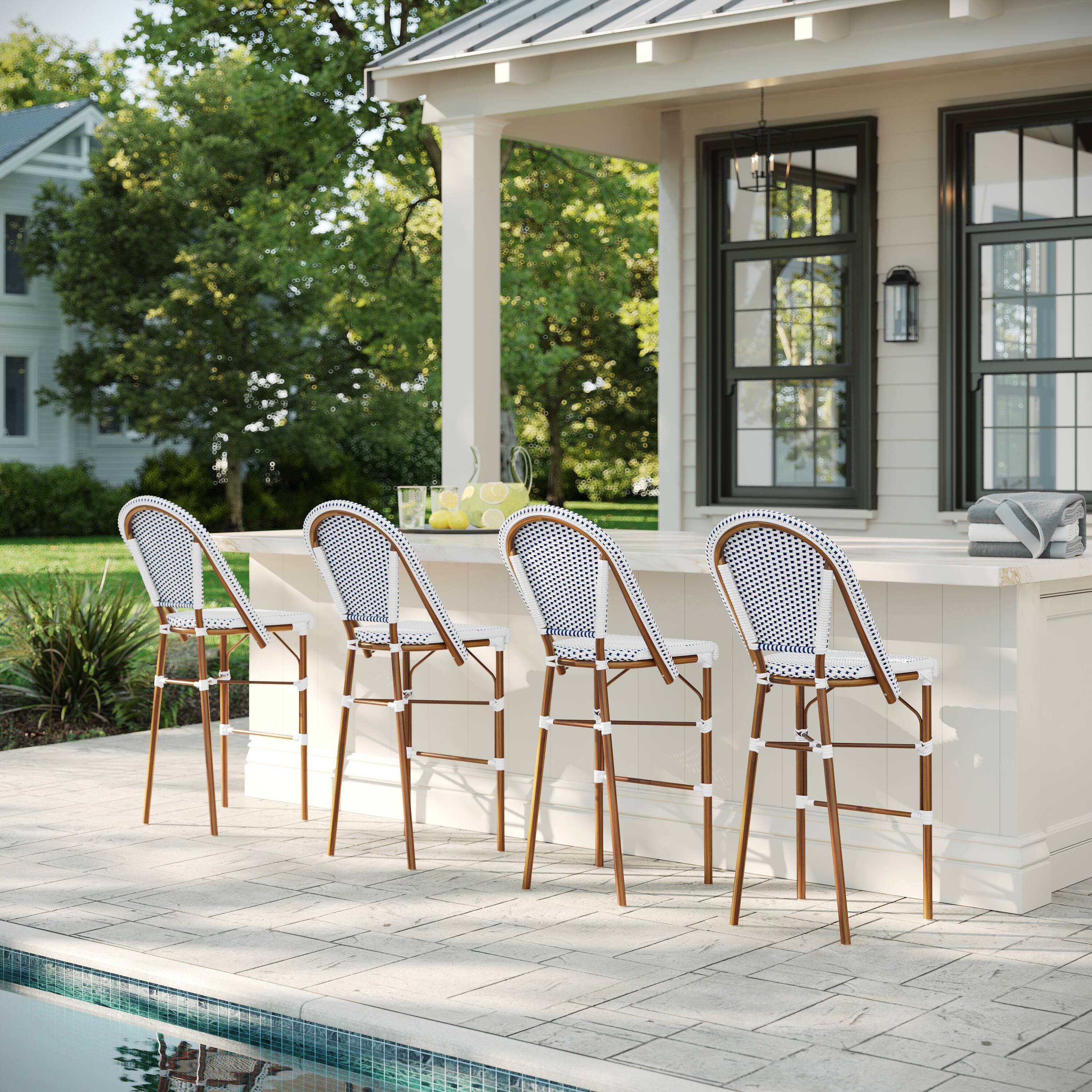 Alt View 4. Martha Stewart - Lily Pond 2PK All-Weather Stackable Patio Bistro Bar Stools - Navy & White/Natural Frame.