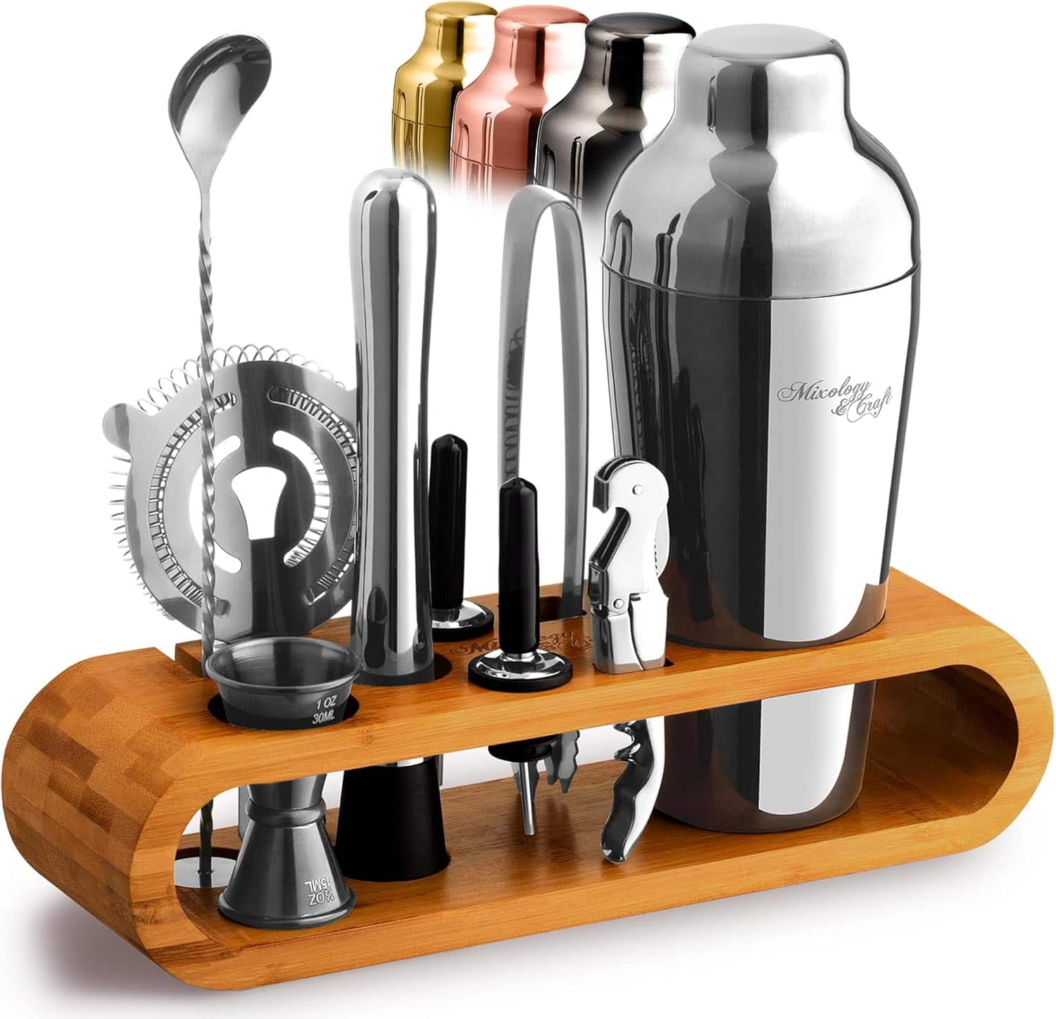 Zulay Kitchen - Mixology & Craft Cocktail Shaker Set: 10-Piece Bartender Kit with Stand | Complete Cocktail Kit Gift Set - Silver