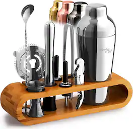 Zulay Kitchen - Mixology & Craft Cocktail Shaker Set: 10-Piece Bartender Kit with Stand | Complete Cocktail Kit Gift Set - Silver