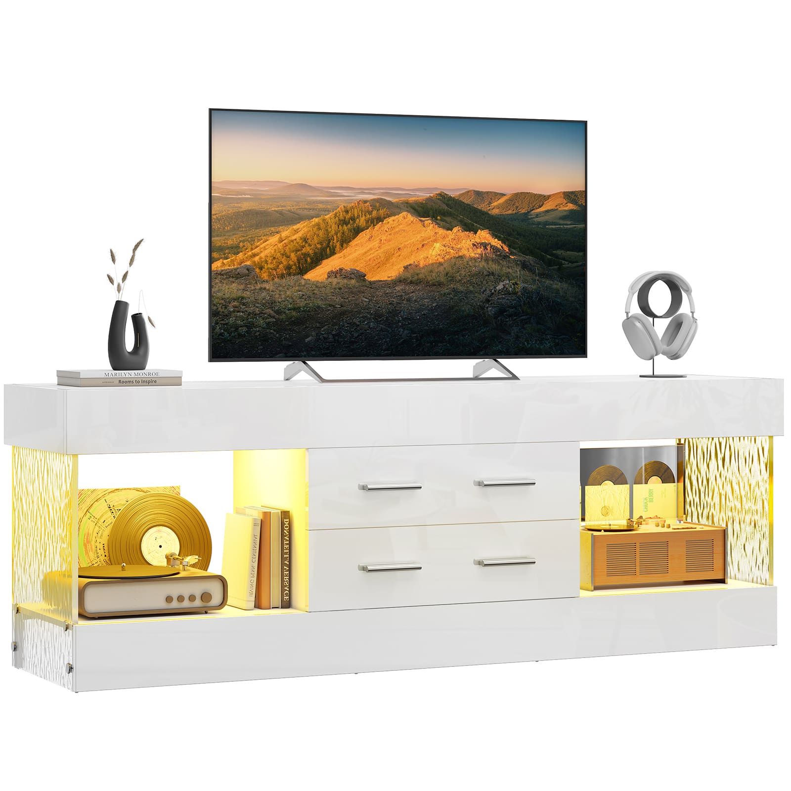 Bestier - 60" TV Stand for Most TVs up to 65" with Integrated LED Lighting and 2 Drawers - Bright White