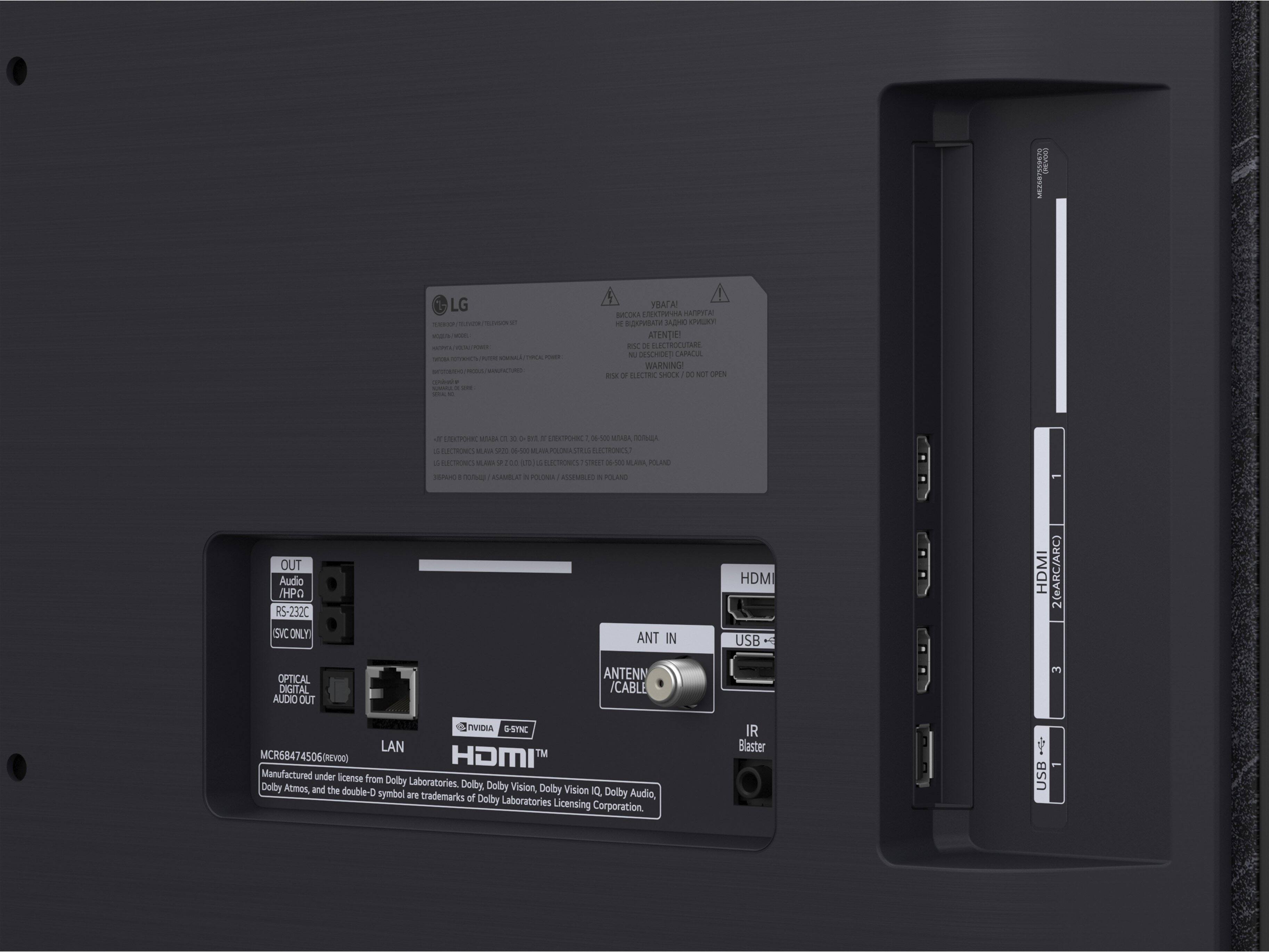 EPE7S962 A LG et - t - - - - -e - - - - - - Mn -  - - - - - EATA! SR A PI - OVAIA  CORs ATENTIE - - ELECTROCUTARE - DESCHOLI CAPACUAL WARNING ana - CEC 3OON - - OnS - c a - - - ... -  - -  MINA - d NCTONCS - - - CHNCL -  HA - - 2d -  - - MLAR PLAN - - - e . .A ANSENEE . PAN OUT Audio /HPO RS-232C SIC ONLY ANT IN HDM USB HDMI 2(eARC/ARC) OPTICA DIGITAL AUDIO OUT ANTENN /CABLE 3 NVIDIA SSINC LAN TM MCR68474506(MEVOG) HOMI Manufactured under license from Dolby Laboratories Dolby, Dolby Vision, Doby Atmos, and the double-D Dolby Vision IQ. symbol are trademarks of Dolby Audio, Dolby Laboratories Licensing Corporation IR Blaster  USB
