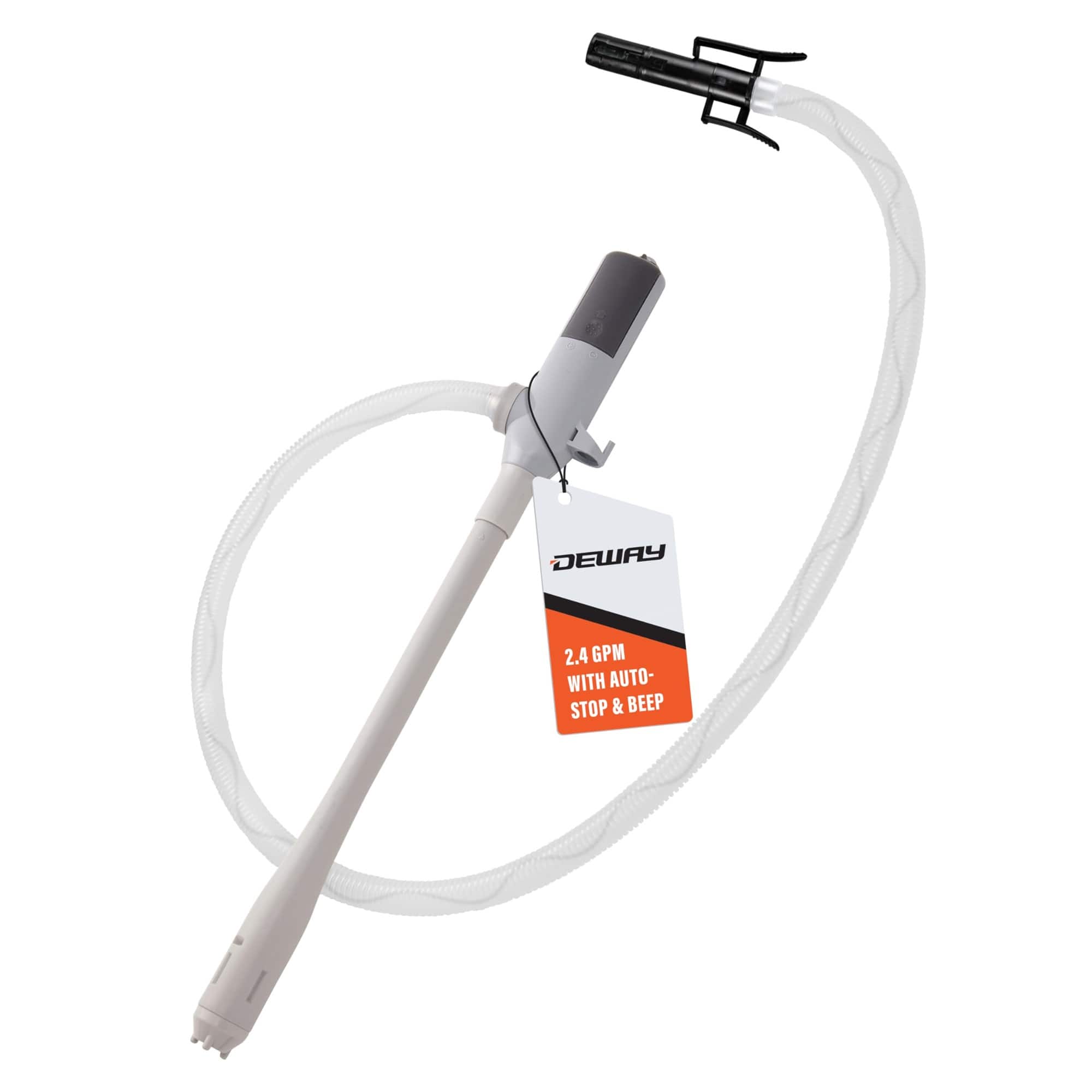 Deway - Automatic Fuel Transfer Pump with Auto-Stop & Beep, AA Battery Powered, 39" Hose, 2.4 GPM - Grey