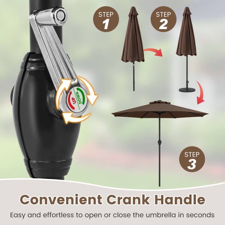 STEP 1  
STEP 2  
UP DOWN  
STEP 3  

Convenient Crank Handle  
Easy and effortless to open or close the umbrella in seconds