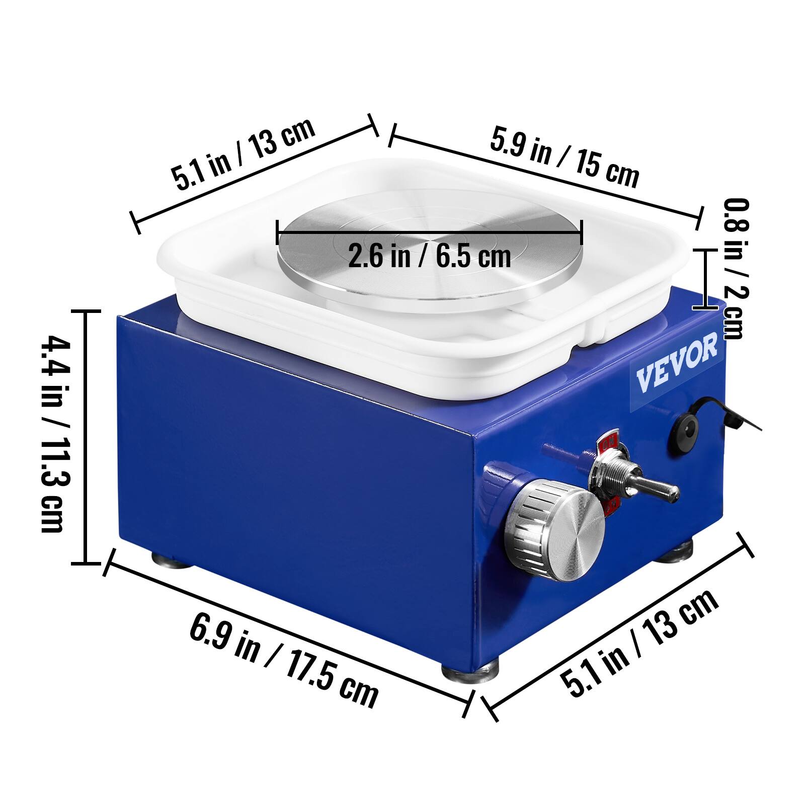 4.4 in / 11.3 cm, 5.1 in / 13 cm, 5.9 in / 15 cm, 0.8 in / 2 cm, 2.6 in / 6.5 cm, 6.9 in / 17.5 cm, VEVOR