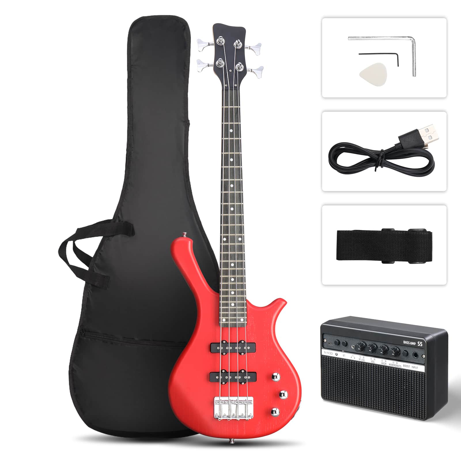 Winado - KW101 36in Small Scale Electric Bass Guitar Suit, 10W AMP for Beginner