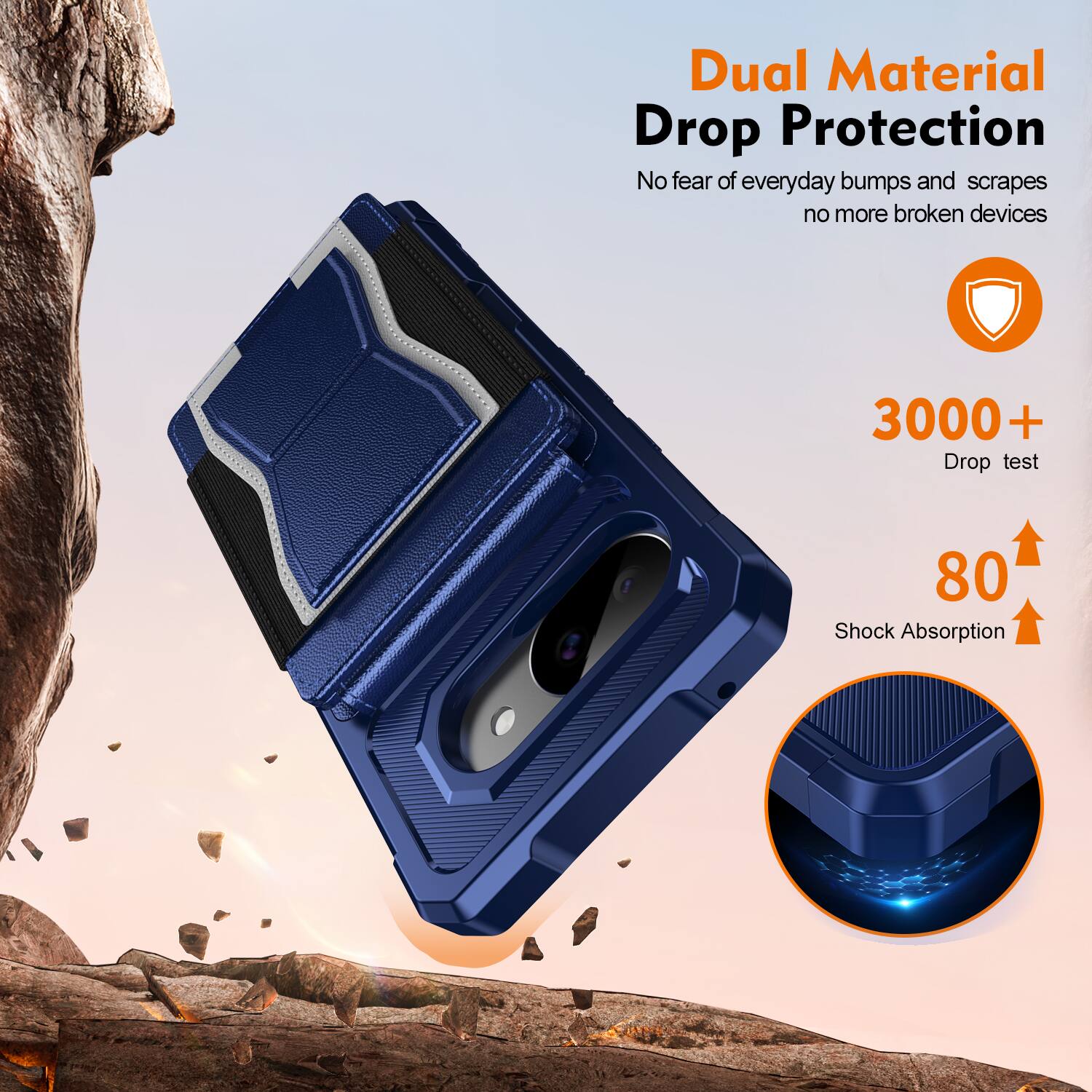 Dual Material Drop Protection  
No fear of everyday bumps and scrapes, no more broken devices  

3000+ Drop test  
80 Shock Absorption