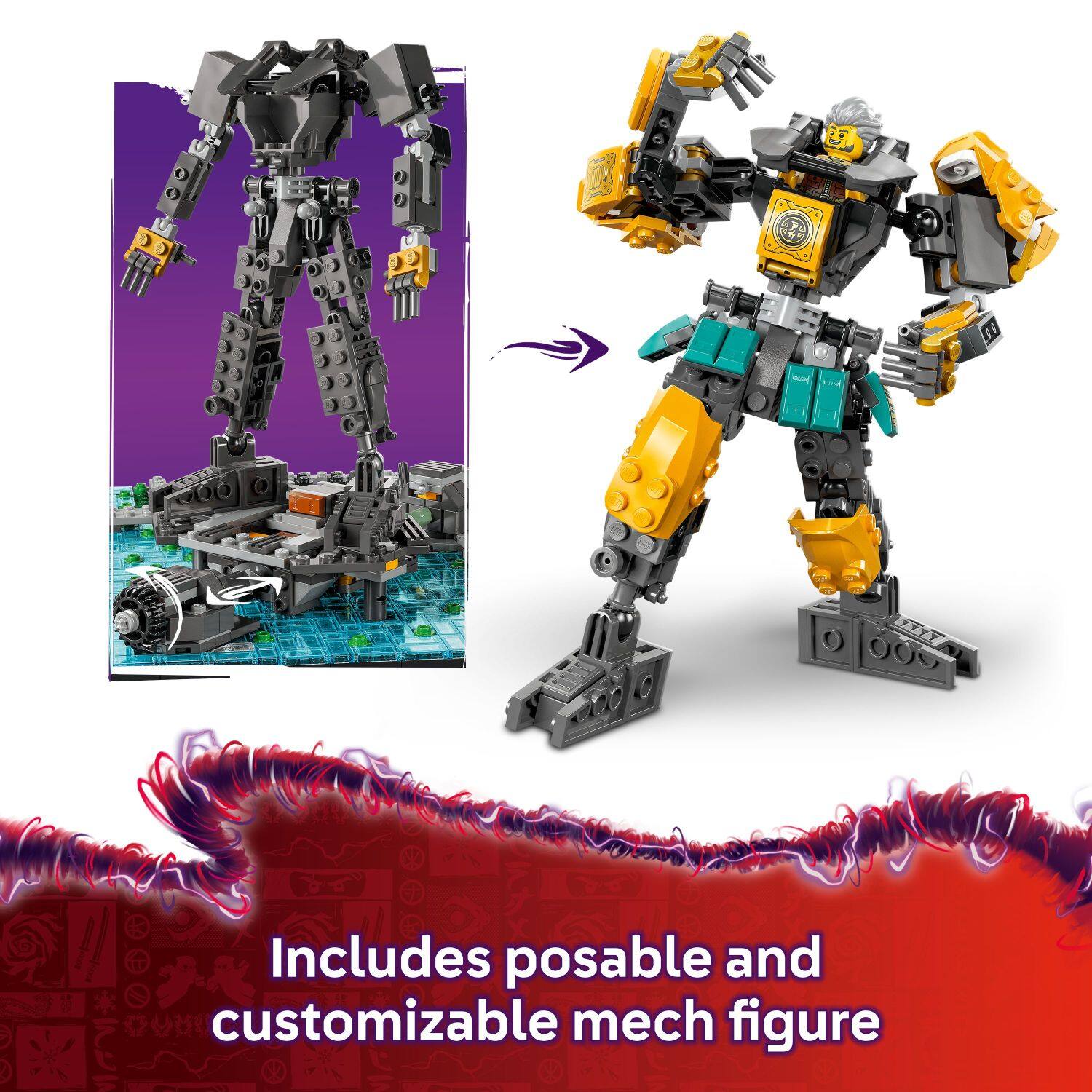 Includes posable and customizable mech figure
