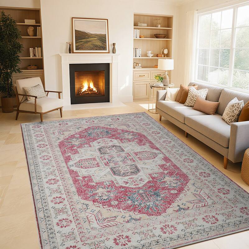 Back. RYHNUYNE - 9x12 Area Rugs Living Room Rug Washable Vintage Boho Rug No Slip Stain Resistant Soft Carpet Indoor Floor Floral Carpets - Painting.