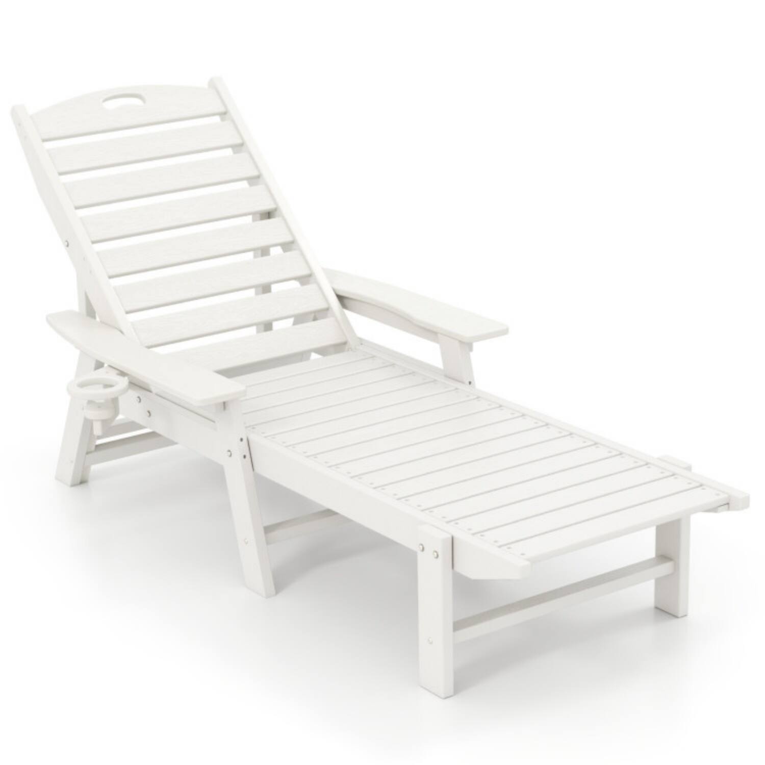 Alt View 2. Mondawe - Patio Chaise Lounge Chair w 4-Position Backrest HDPE Slatted Seat Cup Holder - White.