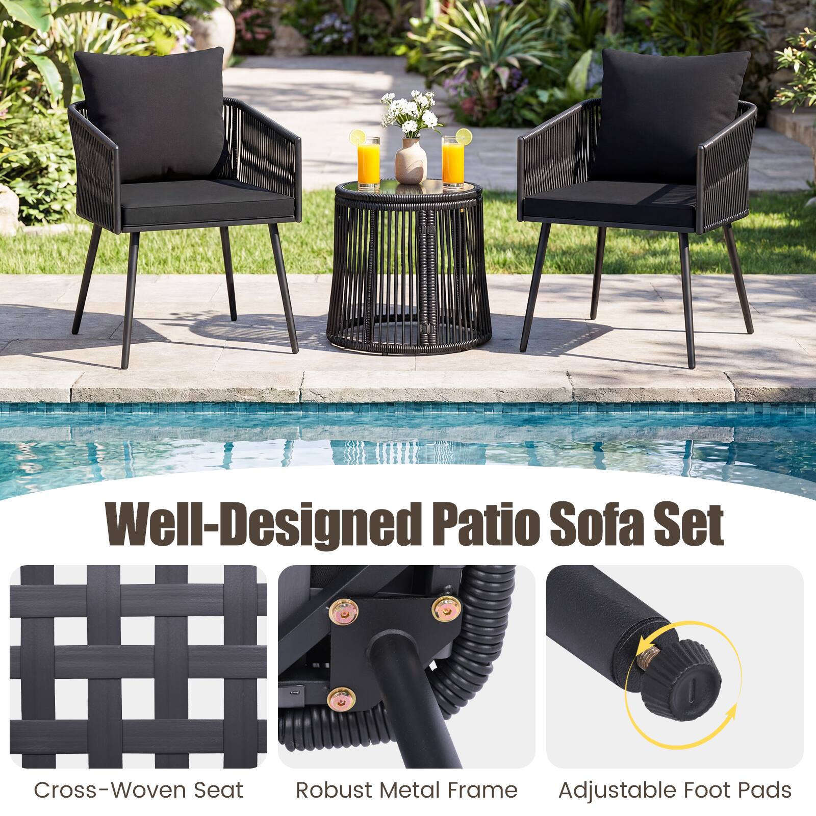Well-Designed Patio Sofa Set

- Cross-Woven Seat
- Robust Metal Frame
- Adjustable Foot Pads