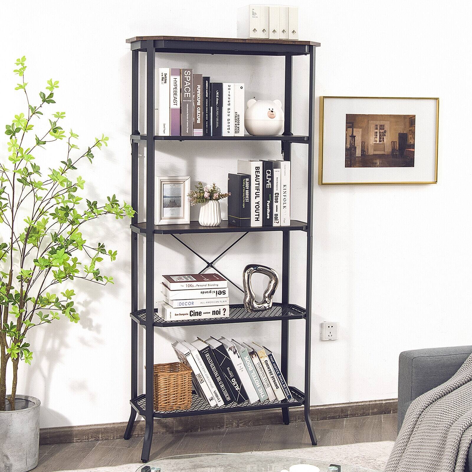 The image features a black metal bookshelf filled with various books and decorative items. The shelf is placed in a living room, and there is a potted plant nearby. The books on the shelf are arranged in different orientations, creating a visually interesting display. The combination of the bookshelf, potted plant, and living room setting creates a cozy and inviting atmosphere.