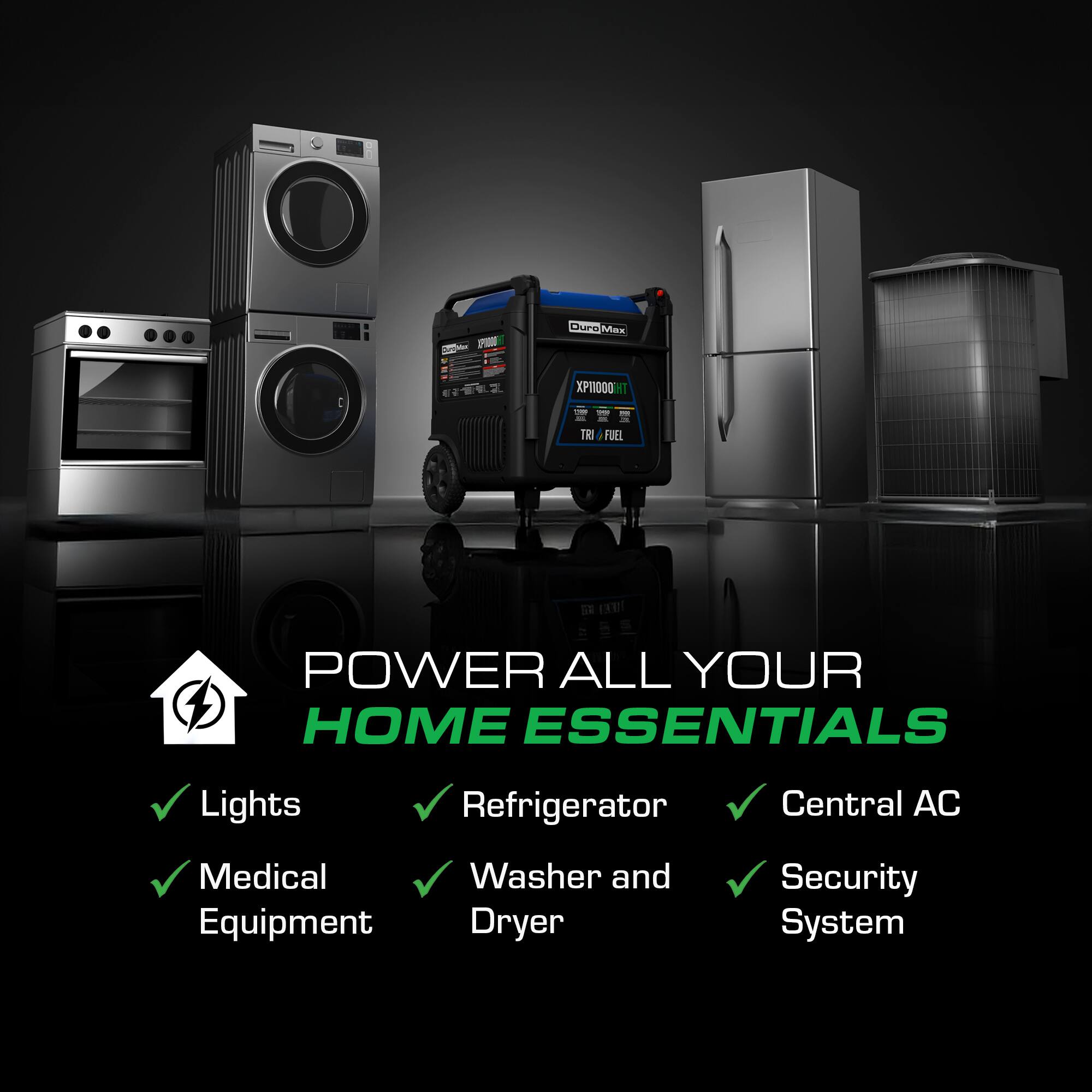DuroMax XP11000i - TRI FUEL POWER ALL YOUR HOME ESSENTIALS: Lights, Refrigerator, Central AC, Medical Equipment, Washer and Dryer, Security System