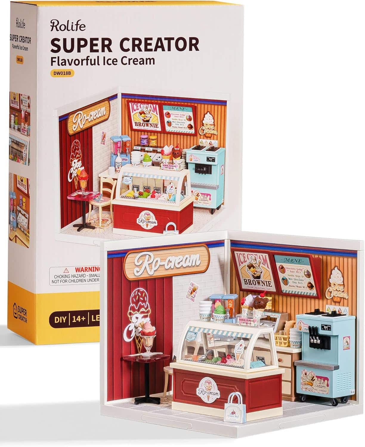 Robotime - Rolife Super Creator Series, DIY Mini Ice Cream Store Dollhouse House Kit, Bulid Scenary for Action Collectible Figures - Brown