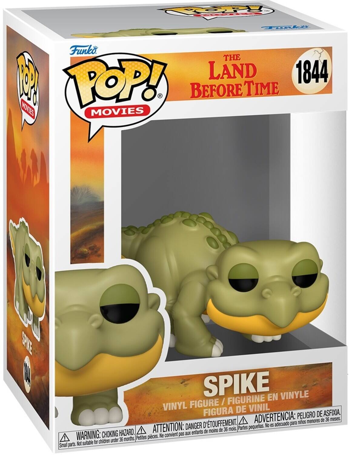 Sure, here is the corrected and grouped text from the image:

---

**Funko POP! MOVIES**

**THE LAND BEFORE TIME**

**1844**

**SPIKE**

**VINYL FIGURE / FIGURINE EN VINYLE / FIGURA DE VINIL**

**WARNING: CHOKING HAZARD. Small parts. Not suitable for children under 36 months.**

**ATTENTION: DANGER D'ÉTOUFFEMENT. Petites pièces. Ne convient pas aux enfants de moins de 36 mois.**

**ADVERTENCIA: PEIGRO DE ASFIXIA. Partes pequeñas. No es adecuado para niños menores de 36 meses.**

---

This text is organized to reflect the information on the packaging, including the brand, series, character, and safety warnings.