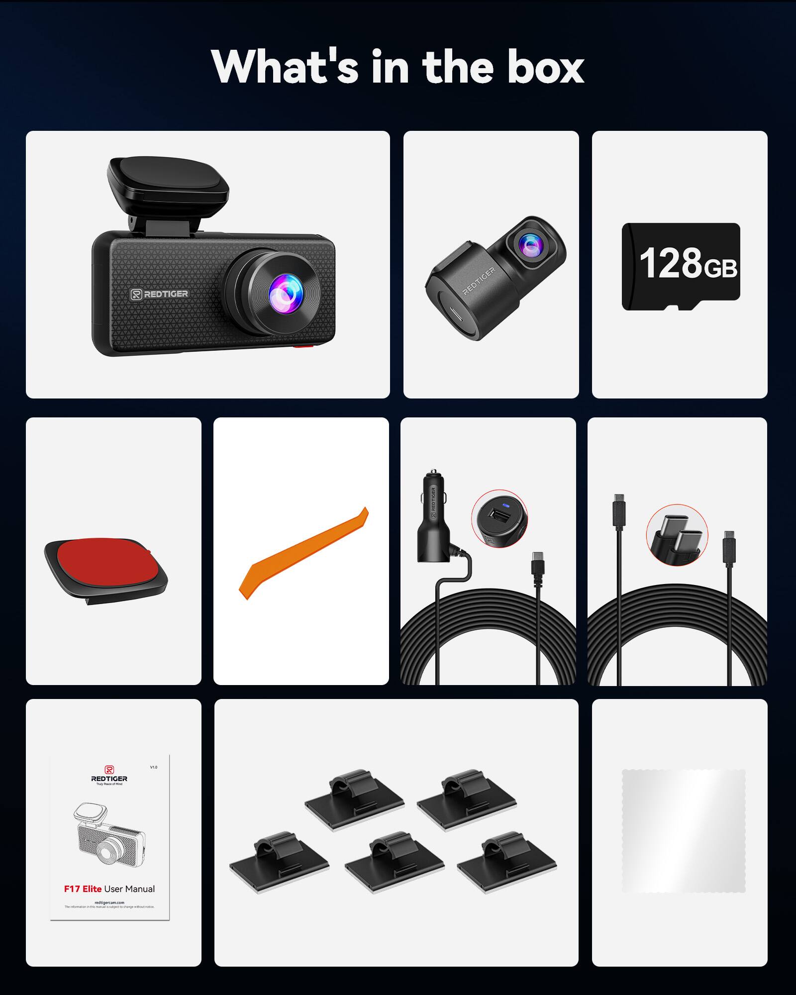 What's in the box

- REDTIGER F17 Elite
- 128GB SD Card
- Red and black cap
- Orange strap
- USB-C cable
- Power adapter
- F17 Elite User Manual
- Mounting brackets
