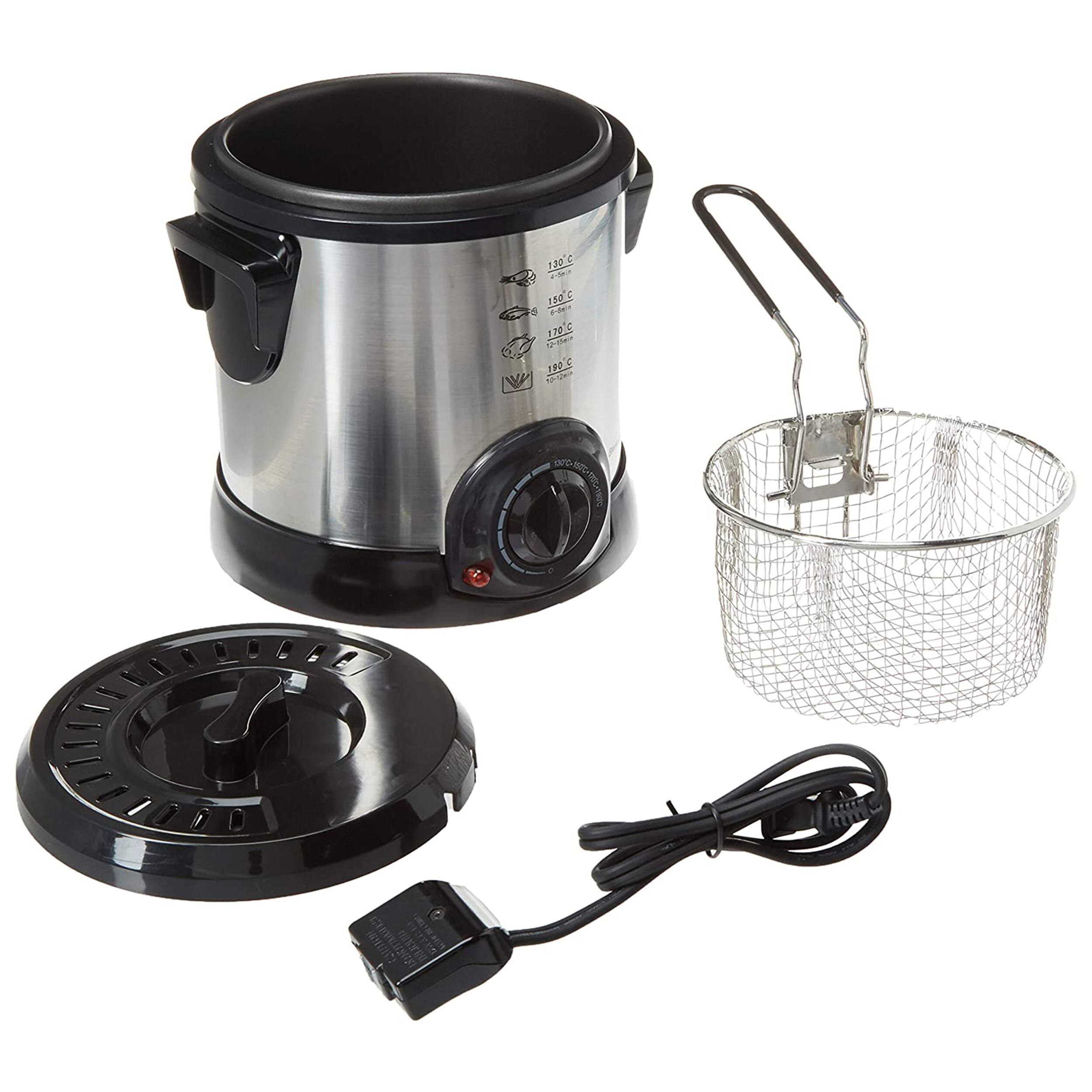 The image features a black and silver electric pressure cooker, a strainer, and a bowl. The pressure cooker is set to 180 degrees Celsius, and the strainer is placed next to it. The bowl is positioned to the side of the pressure cooker, and the image also includes a close-up view of the pressure cooker.