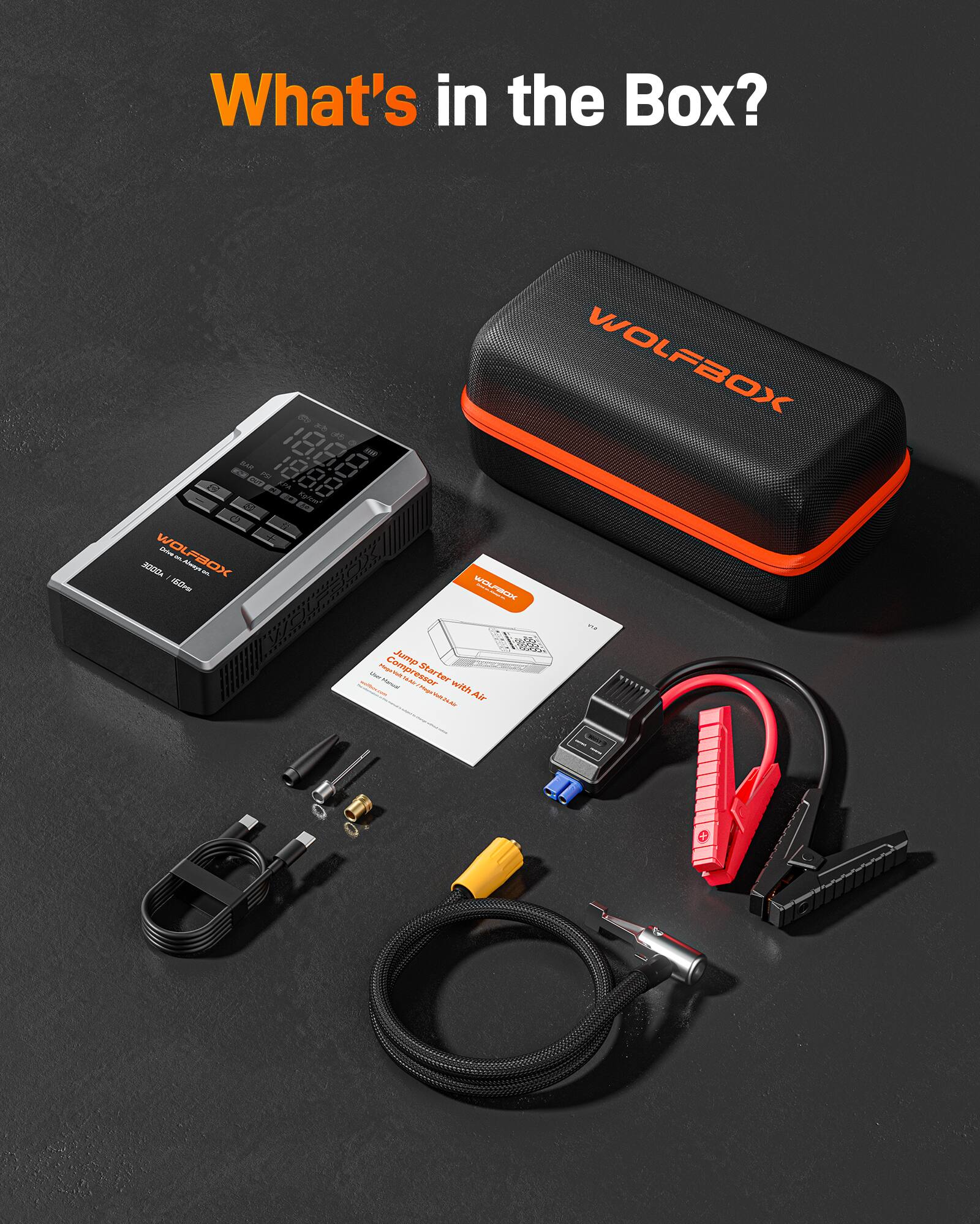 What's in the Box?

- WOLFBOX I
- 1888 J mE 1888 i 2n E Dig
- WOLFBOX
- ACm
- WWSLTWAN C. o
- Jump Compressor
- Starter with Air
- TA
- Alr