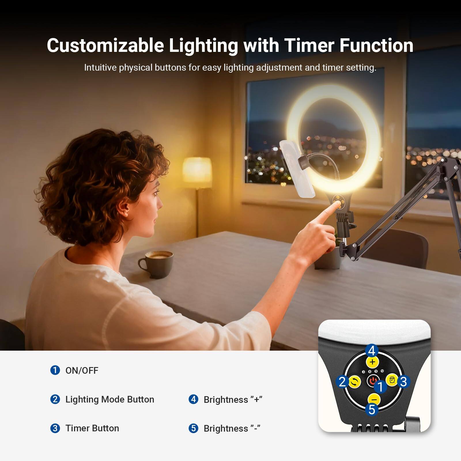 Customizable Lighting with Timer Function  
Intuitive physical buttons for easy lighting adjustment and timer setting.

1. ON/OFF  
2. Lighting Mode Button  
3. Timer Button  
4. Brightness "+"  
5. Brightness "-"