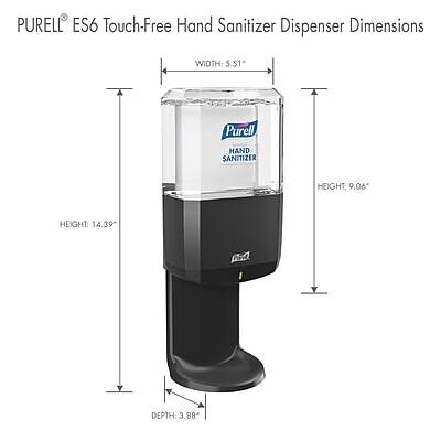 PURELL® ES6 Touch-Free Hand Sanitizer Dispenser Dimensions

- WIDTH: 5.51"
- HEIGHT: 9.06"
- DEPTH: 3.88"
- HEIGHT: 14.39"