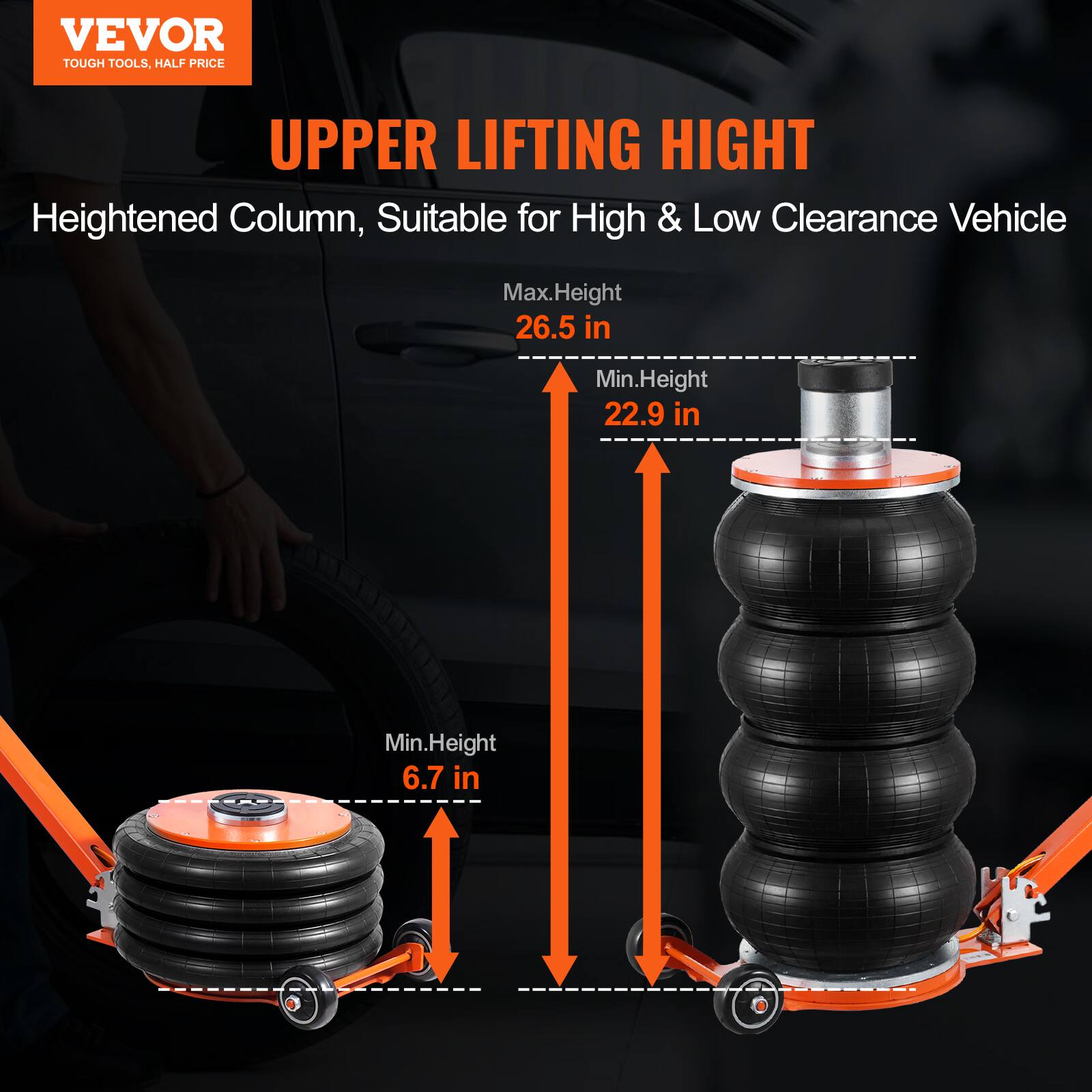 VEVOR TOUGH TOOLS. HALF PRICE UPPER LIFTING HEIGHT Heightened Column, Suitable for High & Low Clearance Vehicle Max. Height 26.5 in Min. Height 22.9 in Min. Height 6.7 in