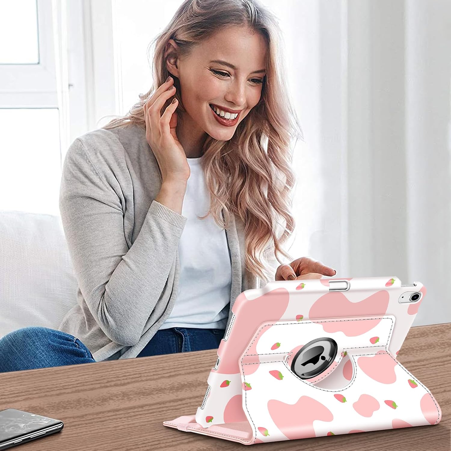 Alt View 3. Fintie - Rotating Case for iPad (A16) 11-inch 2025 and iPad 10th Gen 10.9 inch 2022, 360° Swivel Stand Magnetic Shockproof Cover - Strawberry Cow.