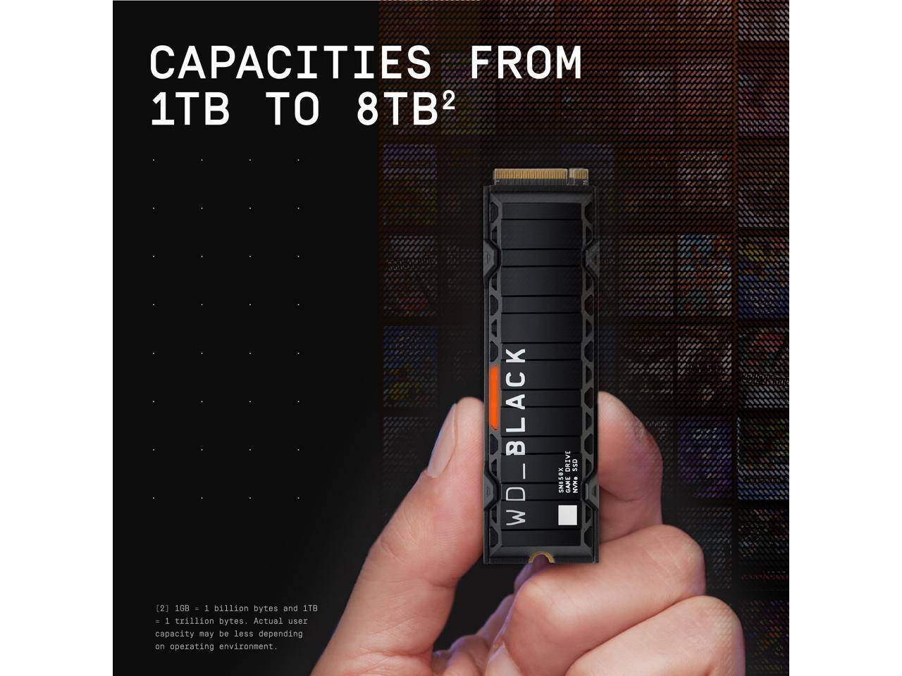CAPACITIES FROM 1TB TO 8TB²

[2] 1GB = 1 billion bytes and 1TB = 1 trillion bytes. Actual user capacity may be less depending on operating environment.

WD_BLACK DRIVE SSD
SN#S8X
GAME DRIVE
NVMe SSD
