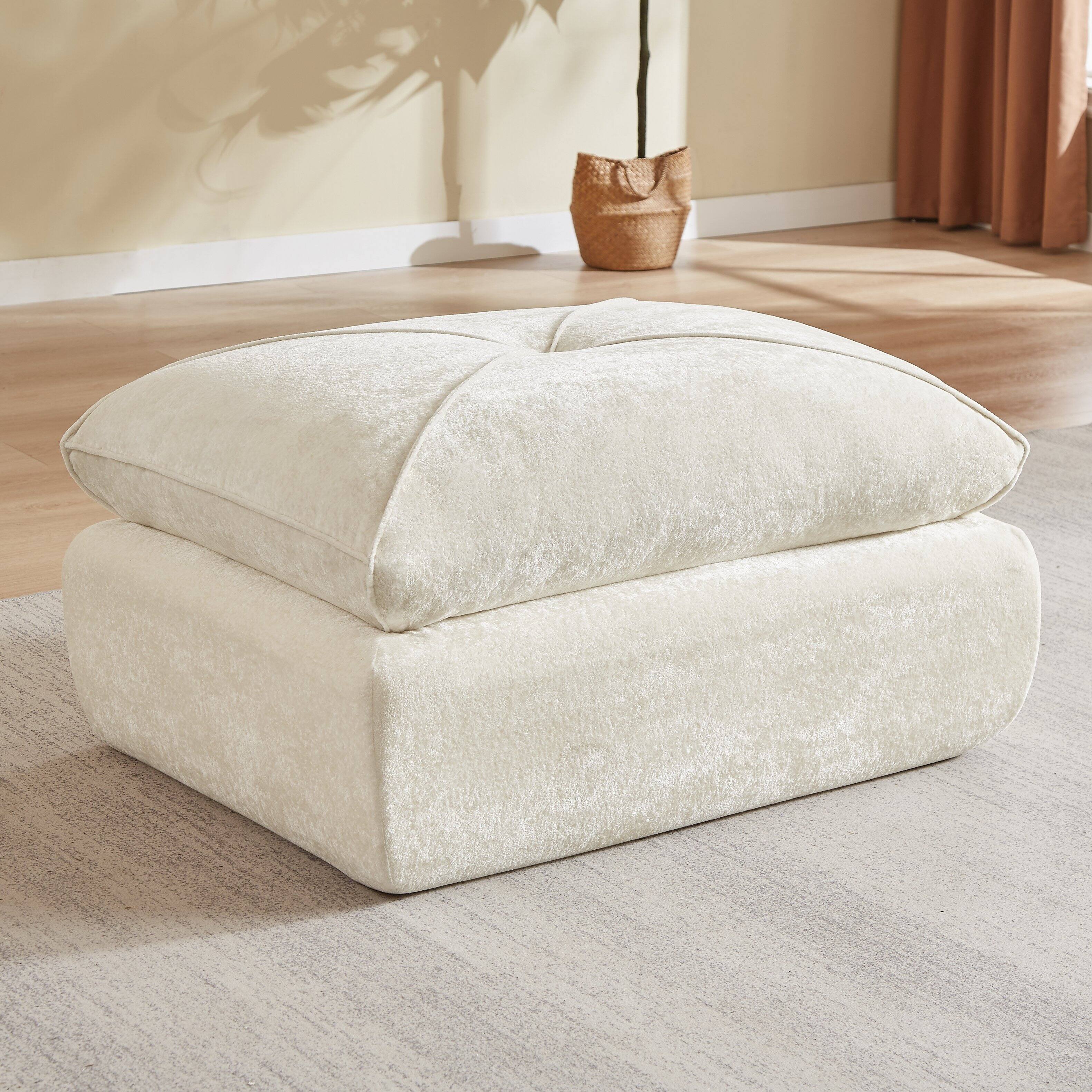 Left. Loheer - Loheer 42 Inch Large Chenille Ottoman Modern Minimalist Sofa Footrest for Living Room - Beige.