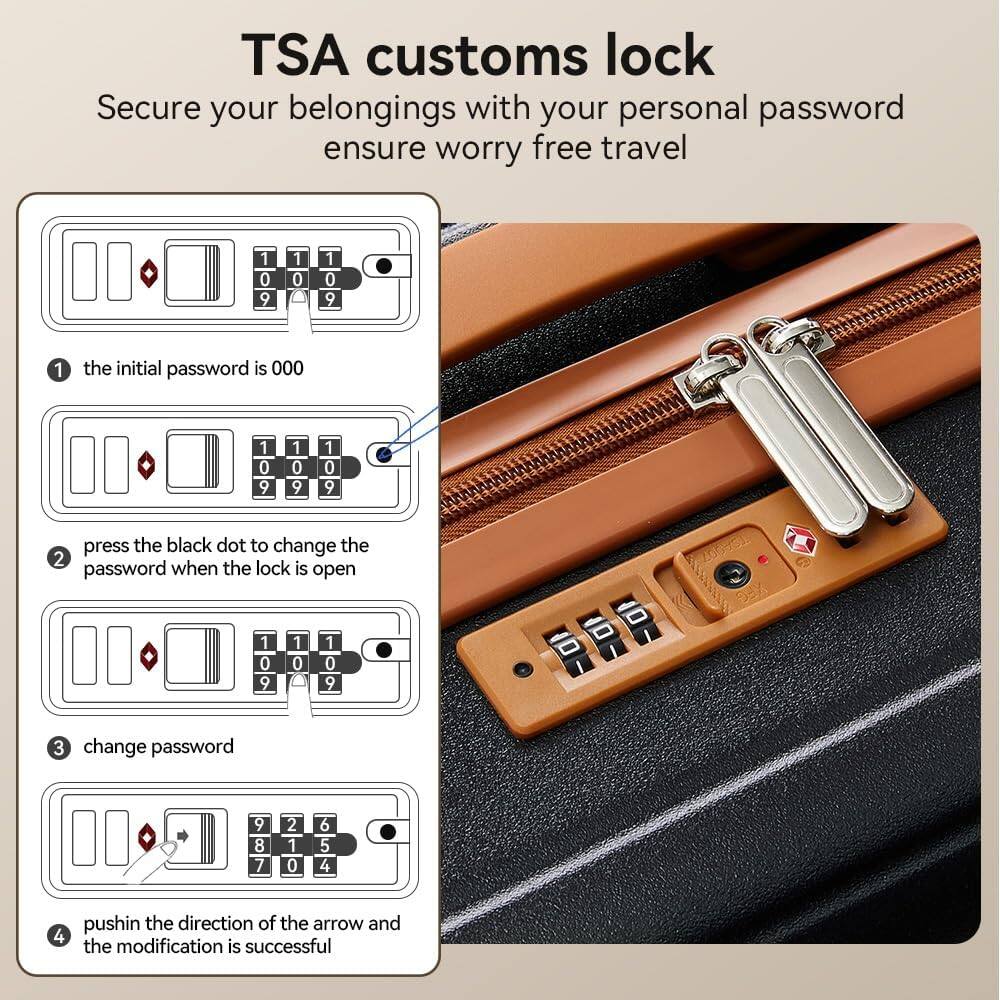 TSA customs lock  
Secure your belongings with your personal password ensure worry free travel  

1. The initial password is 000  
2. Press the black dot to change the password when the lock is open  
3. Change password  
4. Push in the direction of the arrow and the modification is successful