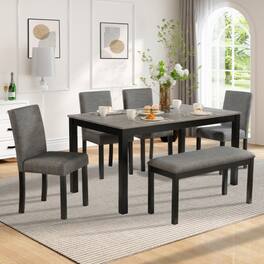 LUCKY ONE - 6-Piece Dining Set with 58.5" Rectangular Dining Table, Bench and 4 Upholstered Chairs - Black+Light Gray
