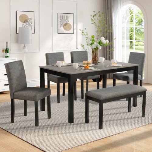 Front. LUCKY ONE - 6-Piece Dining Set with 58.5" Rectangular Dining Table, Bench and 4 Upholstered Chairs - Black+Light Gray.