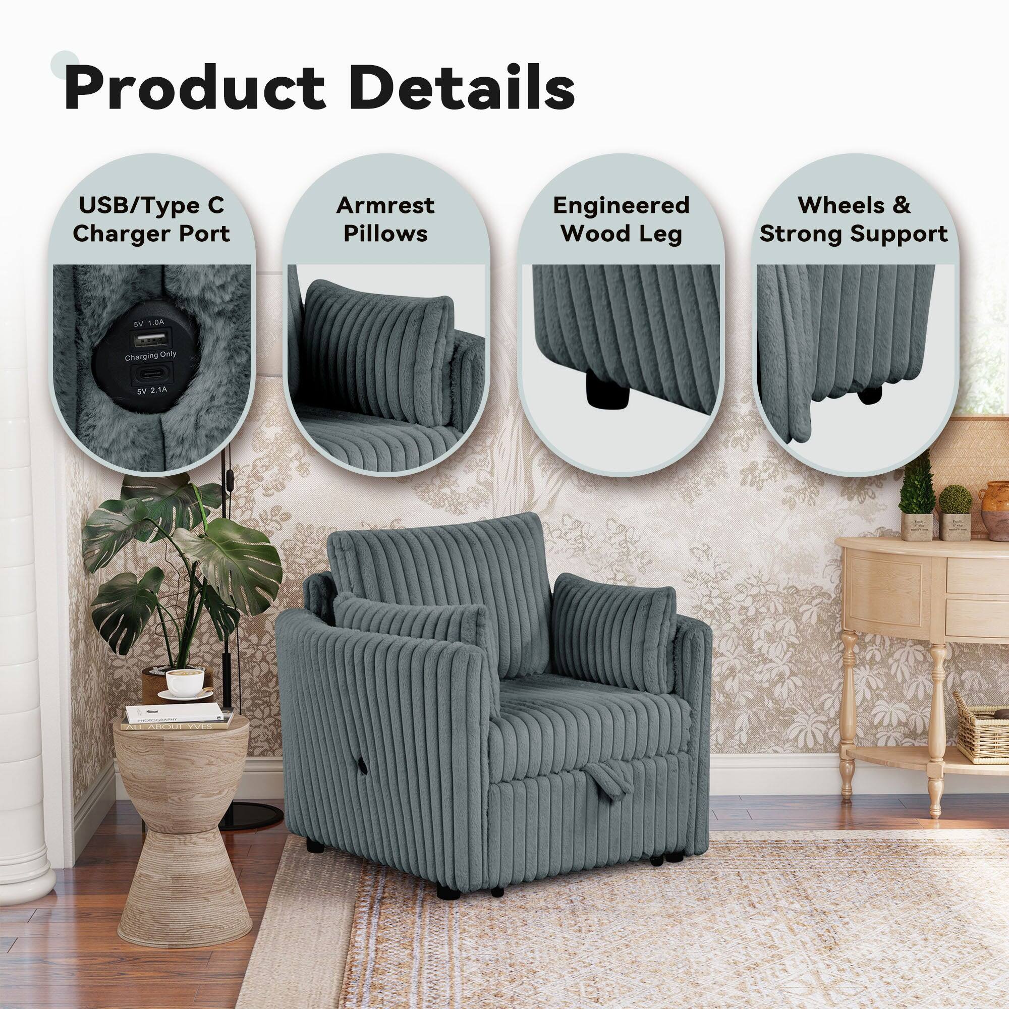 Product Details

- USB/Type C Charger Port
- Armrest Pillows
- Engineered Wood Leg
- Wheels & Strong Support