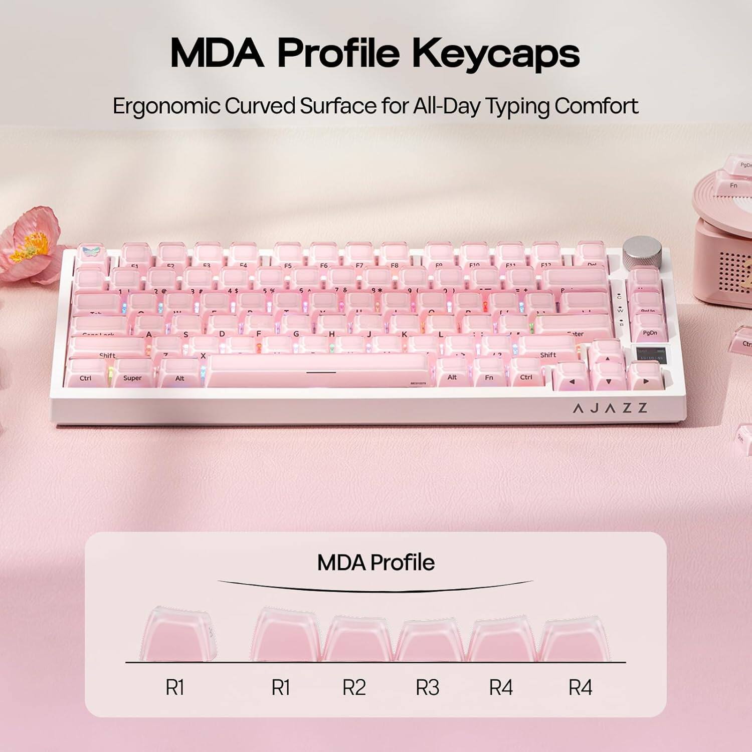 MDA Profile Keycaps  
Ergonomic Curved Surface for All-Day Typing Comfort  

MDA Profile  
R1 R1 R2 R3 R4 R4