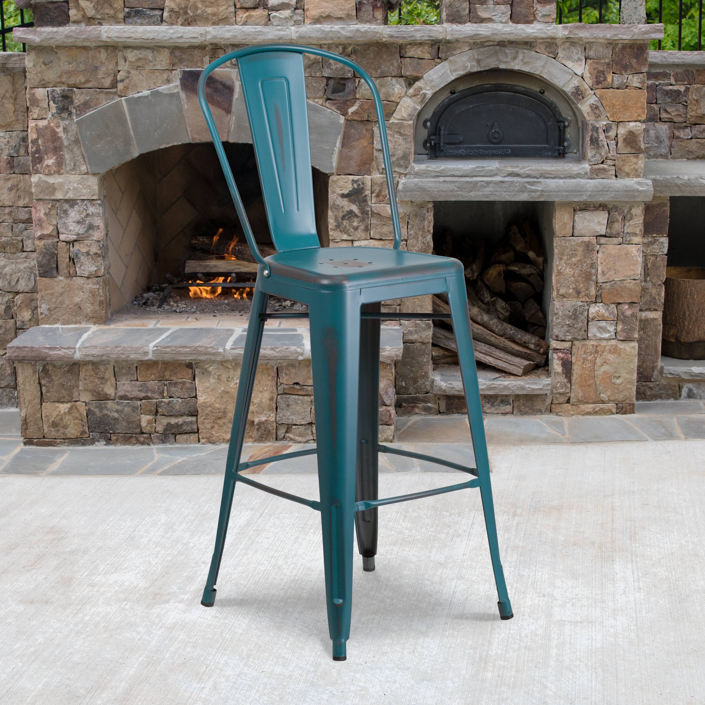Alt View 1. Emma + Oliver - Commercial Grade 30"H Distressed Colorful Metal Indoor-Outdoor Barstool w/ Back - Kelly Blue-Teal.