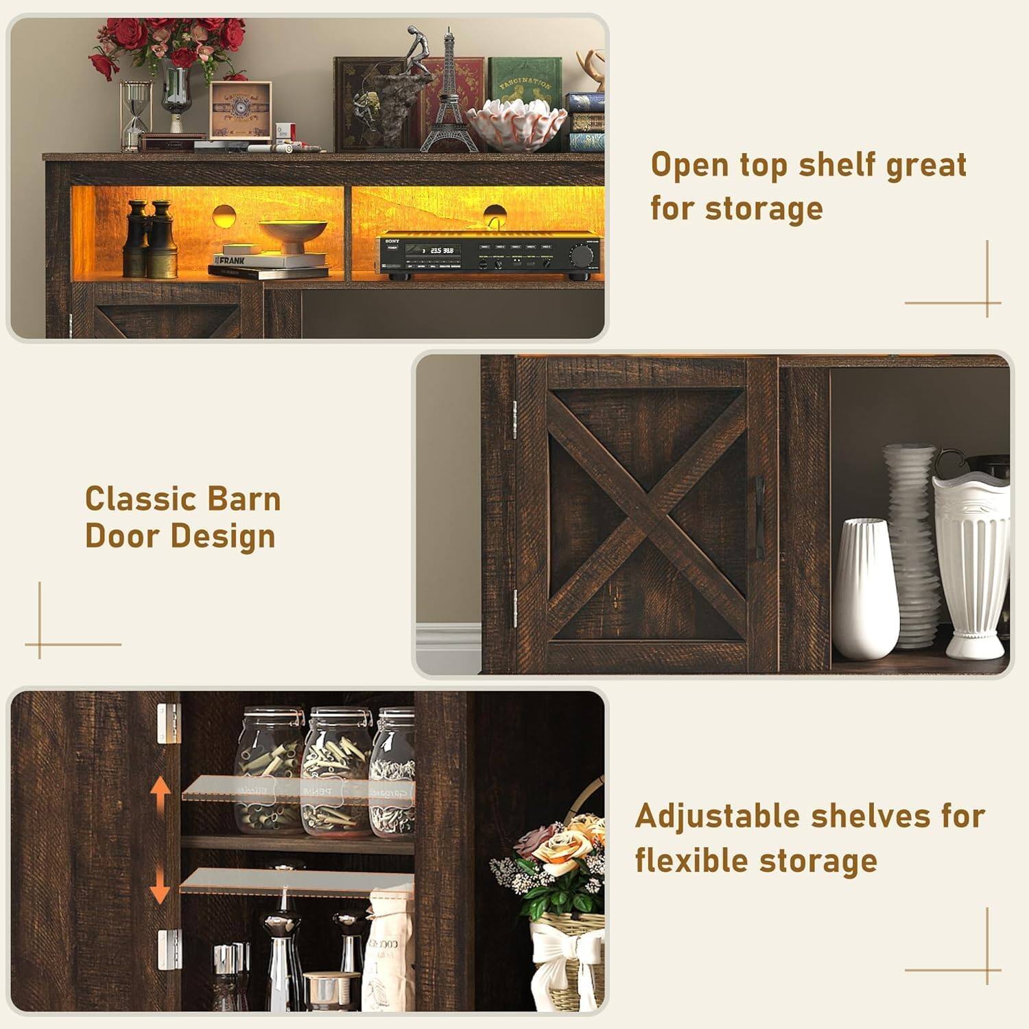 FASCINATION

Open top shelf great for storage

Classic Barn Door Design

Adjustable shelves for flexible storage