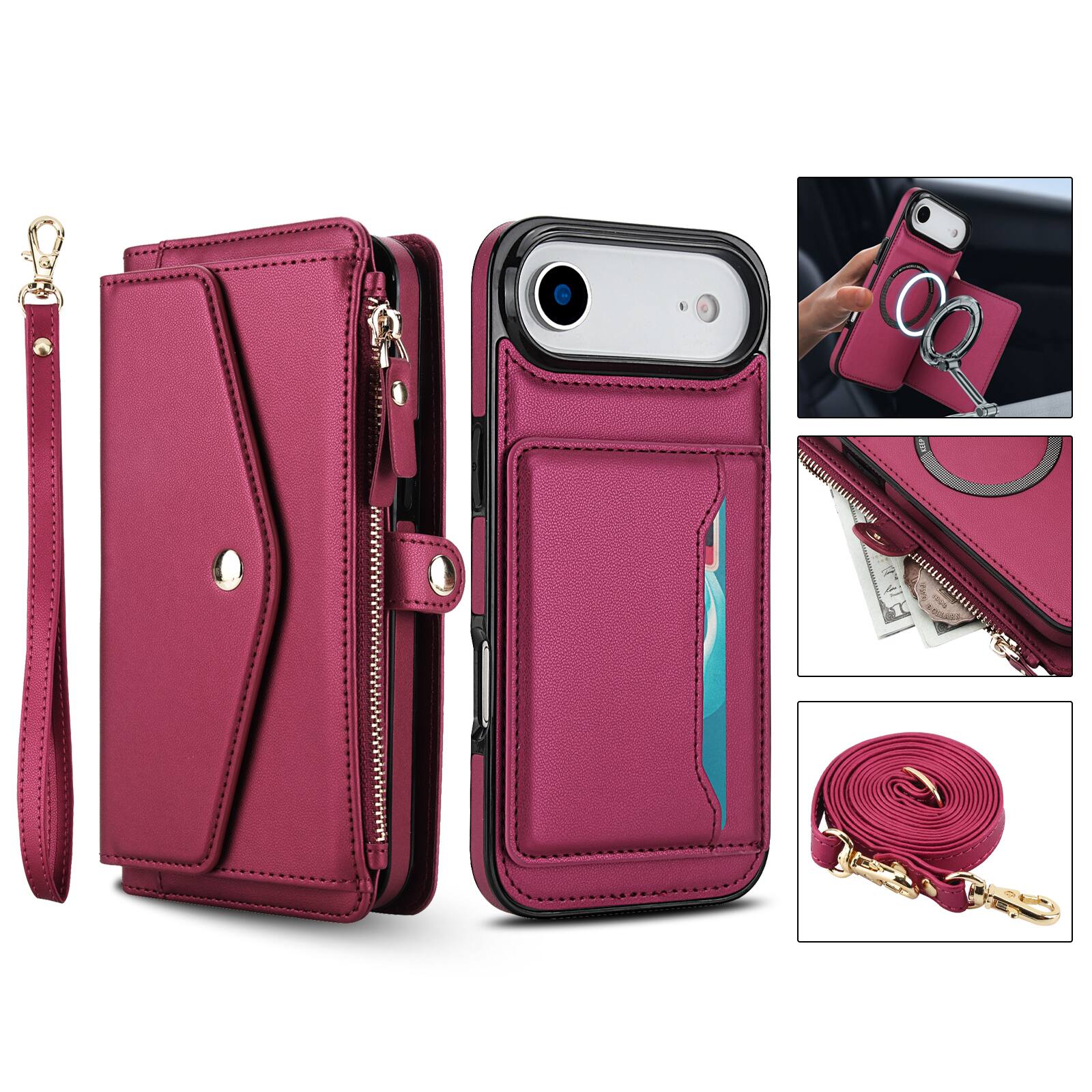 Alt View 5. Dteck - Crossbody RFID Blocking Zipper Wallet Card For iPhone Air (2025) Handbag Magnetic Kickstand Wrist Strap Case - Red.