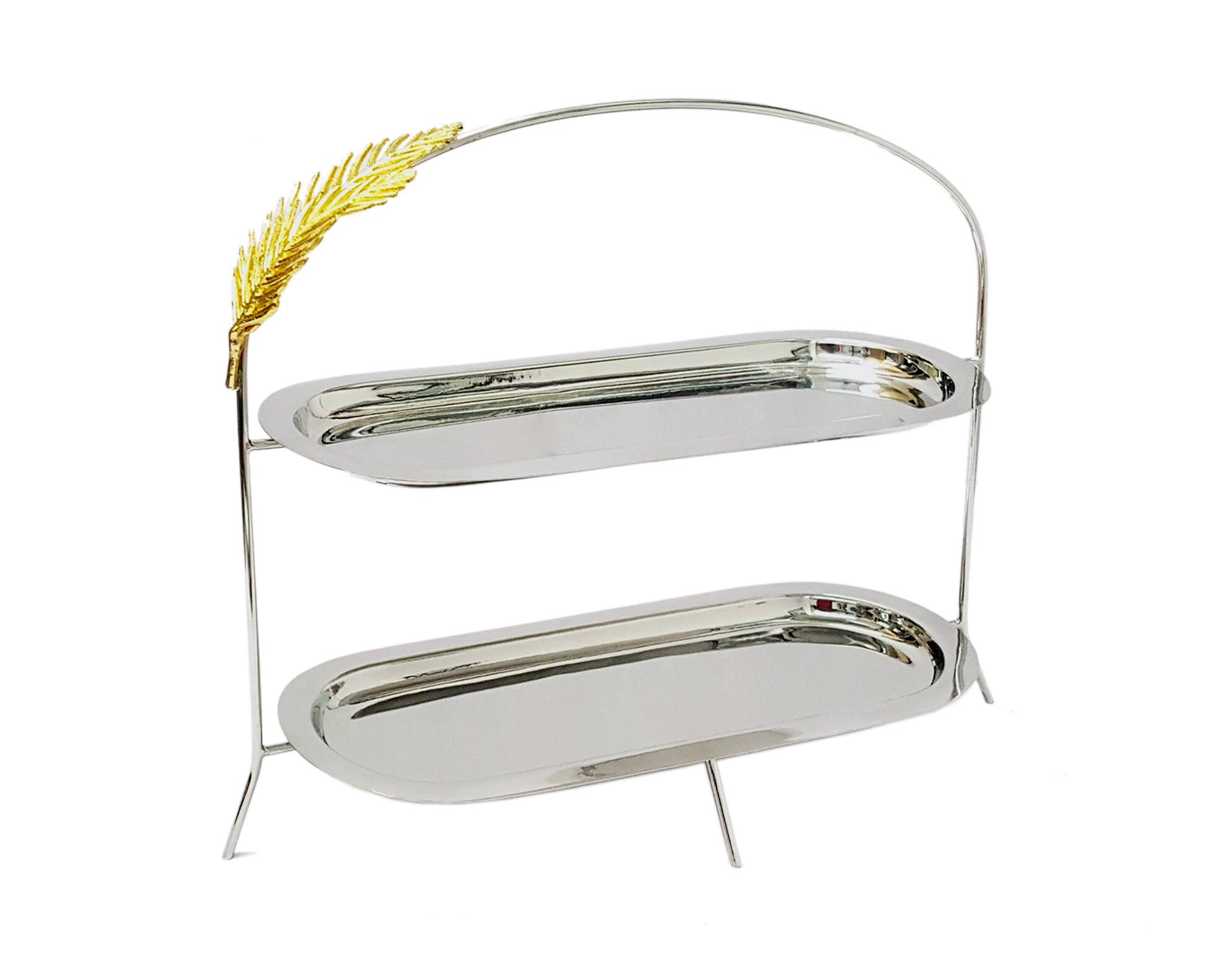 Front. Jiallo - Aurelia Leaf Tray 2-tier stand w/gold fern: 16x6" - Silver /Gold.