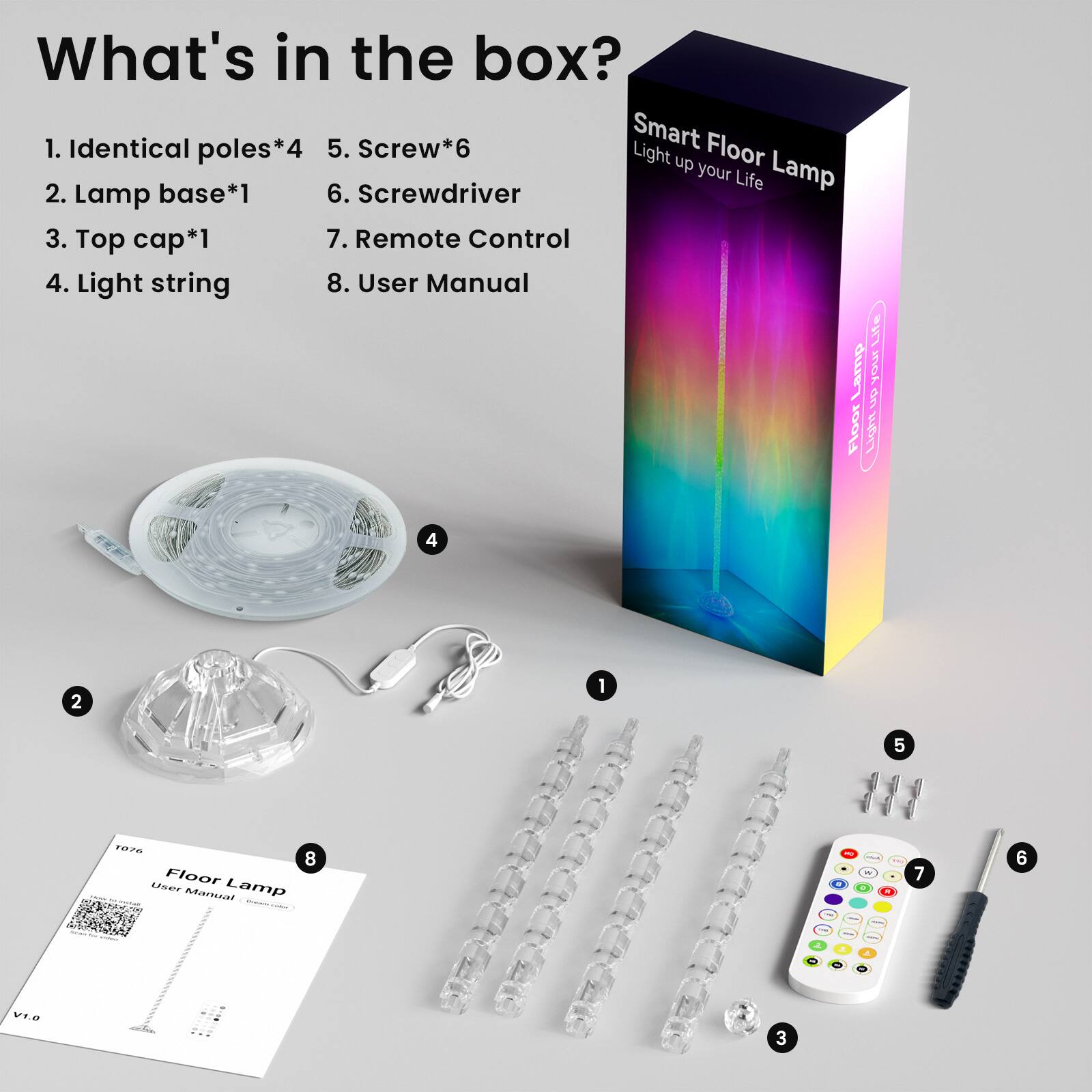 What's in the box?

1. Identical poles*4
2. Lamp base*1
3. Top cap*1
4. Light string
5. Screw*6
6. Screwdriver
7. Remote Control
8. User Manual