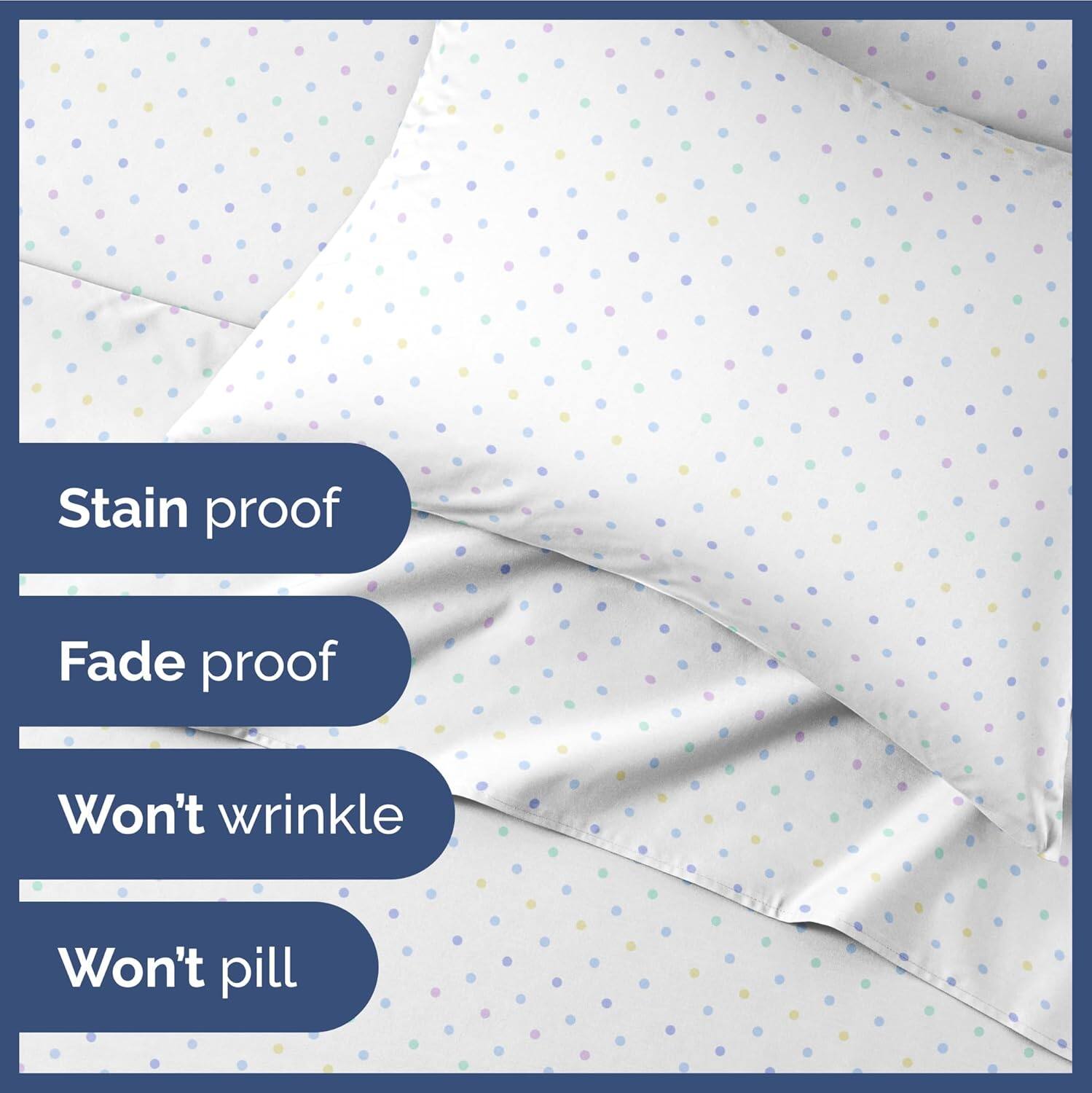 Stain proof  
Fade proof  
Won't wrinkle  
Won't pill