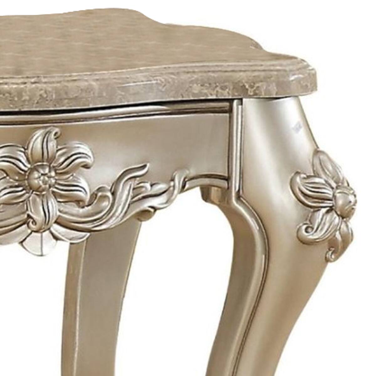 Alt View 1. Manhattan Lane - Marble Top End Table With Flower Motif Engraved Angular Wood Feet - Silver.