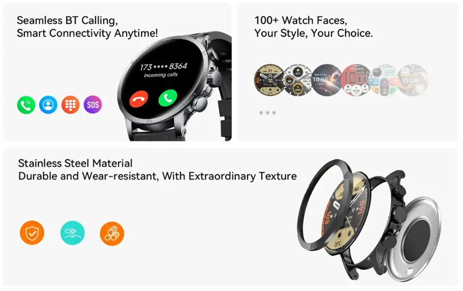 Seamless BT Calling, Smart Connectivity Anytime! 100+ Watch Faces, Your Style, Your Choice. 173 8364 Incoming calls 108 JAN 01 AM 20 108 2C 0f.ss MUN 0.08 MON 10:08 AM  BLA 4040 100% January MON 1000  5040 S  140 20C 108 8040 DE - - 1.00 10:08 1 - ave 10:08 DO 100 00.30 c . 1 SOS Stainless Steel Material Durable and Wear-resistant, With Extraordinary Texture 108 A AM 140  26