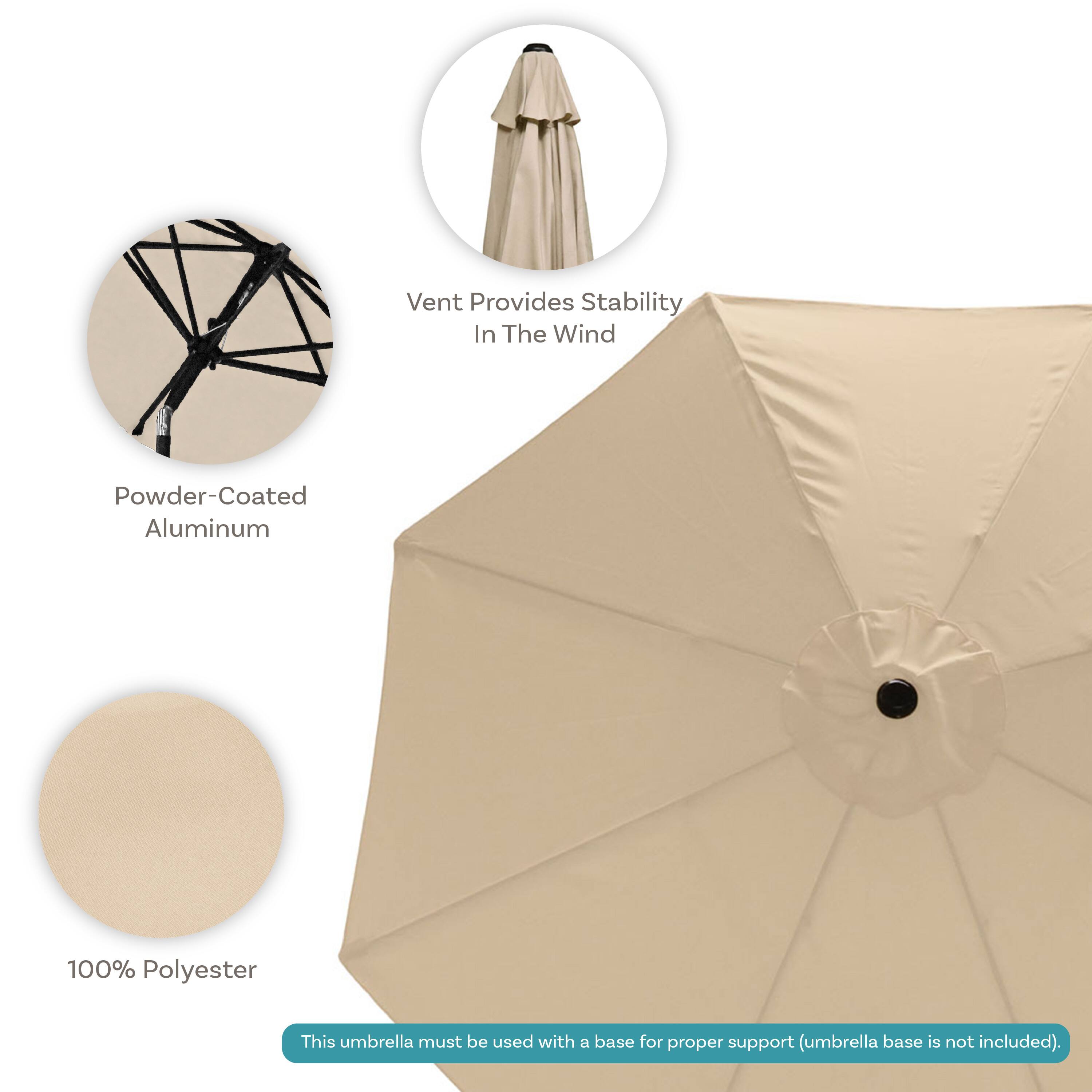 Vent Provides Stability In The Wind

Powder-Coated Aluminum

100% Polyester

This umbrella must be used with a base for proper support (umbrella base is not included).
